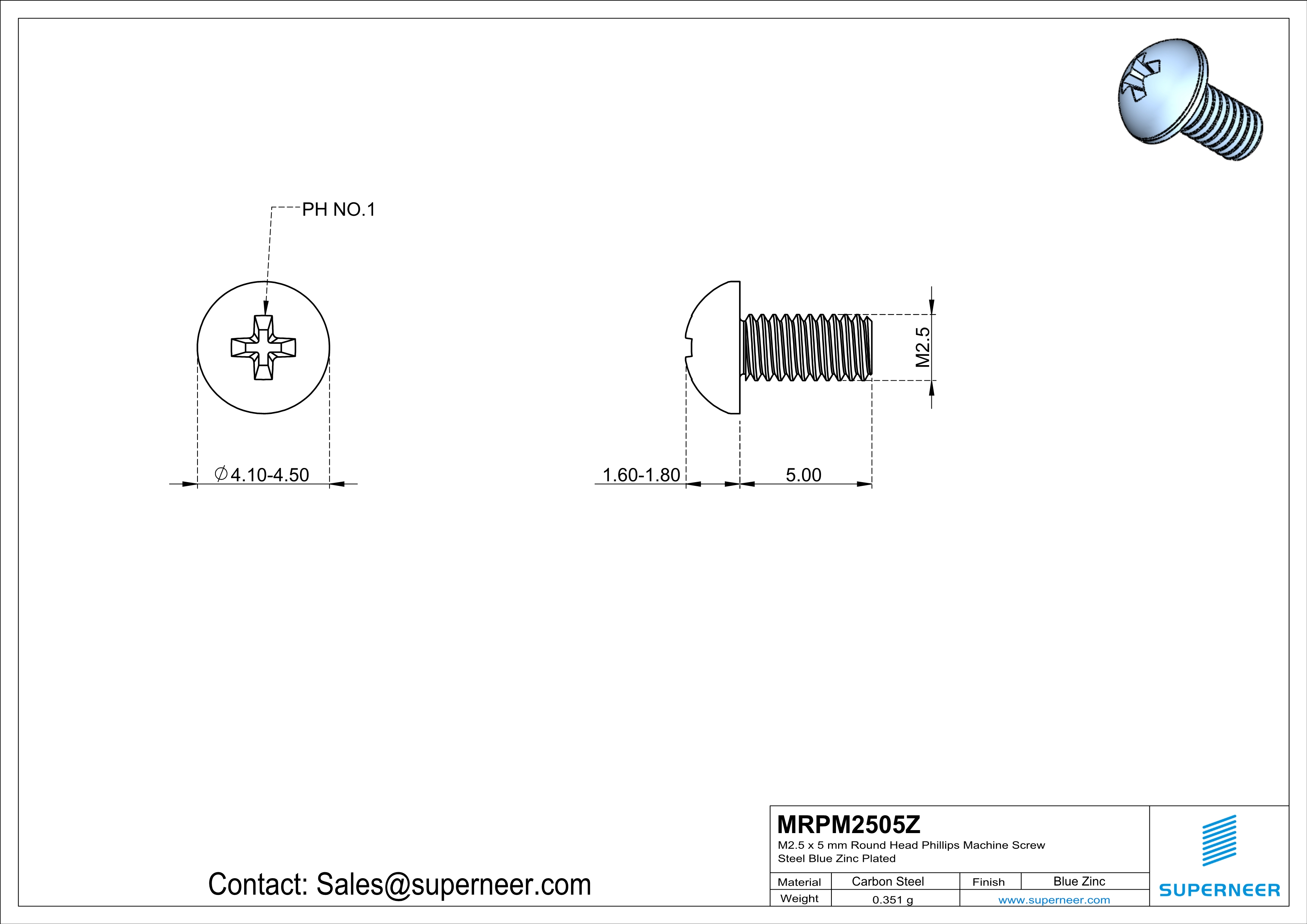 M2.5 x 5 mm Round Head Phillips Machine Screw Steel Blue Zinc Plated