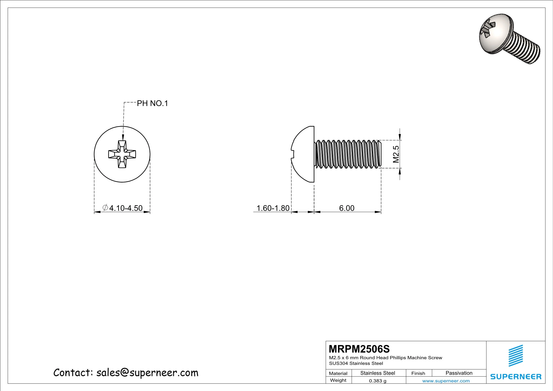 M2.5 x 6 mm Round Head Phillips Machine Screw SUS304 Stainless Steel Inox