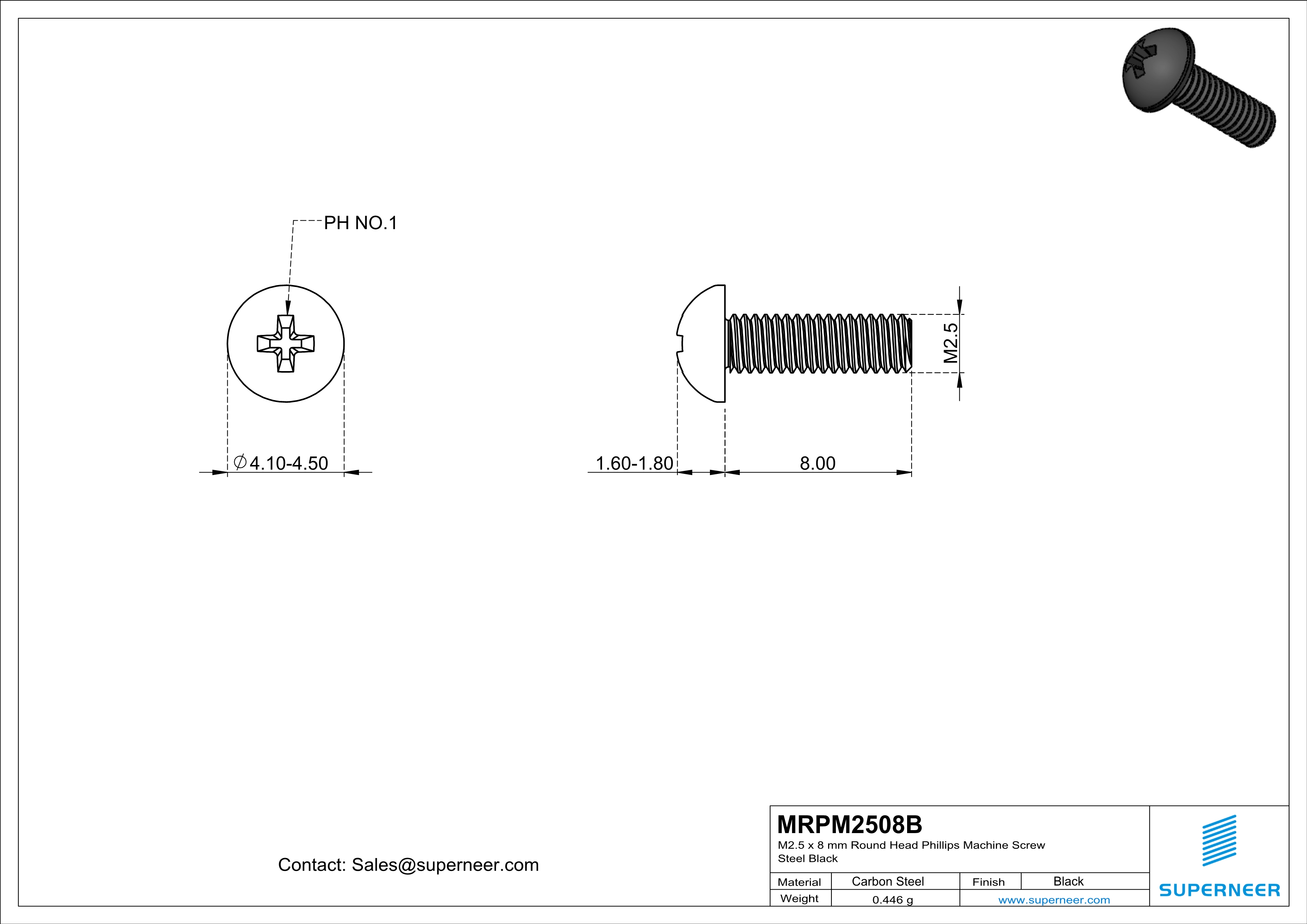 M2.5 x 8 mm Round Head Phillips Machine Screw Steel Black