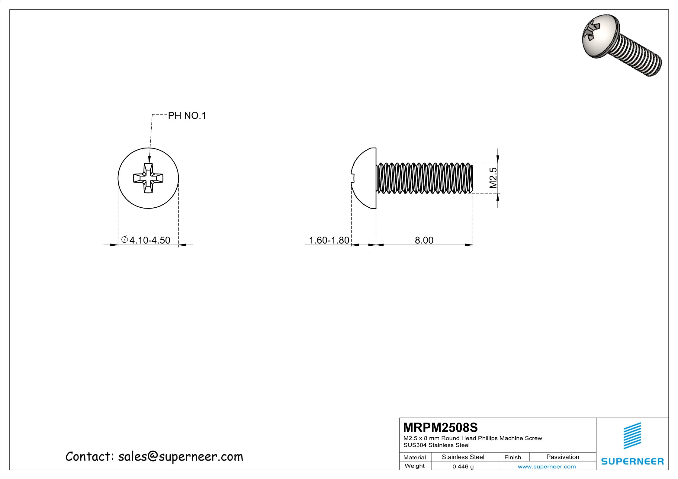 M2.5  x 8 mm Round Head Phillips Machine Screw SUS304 Stainless Steel Inox