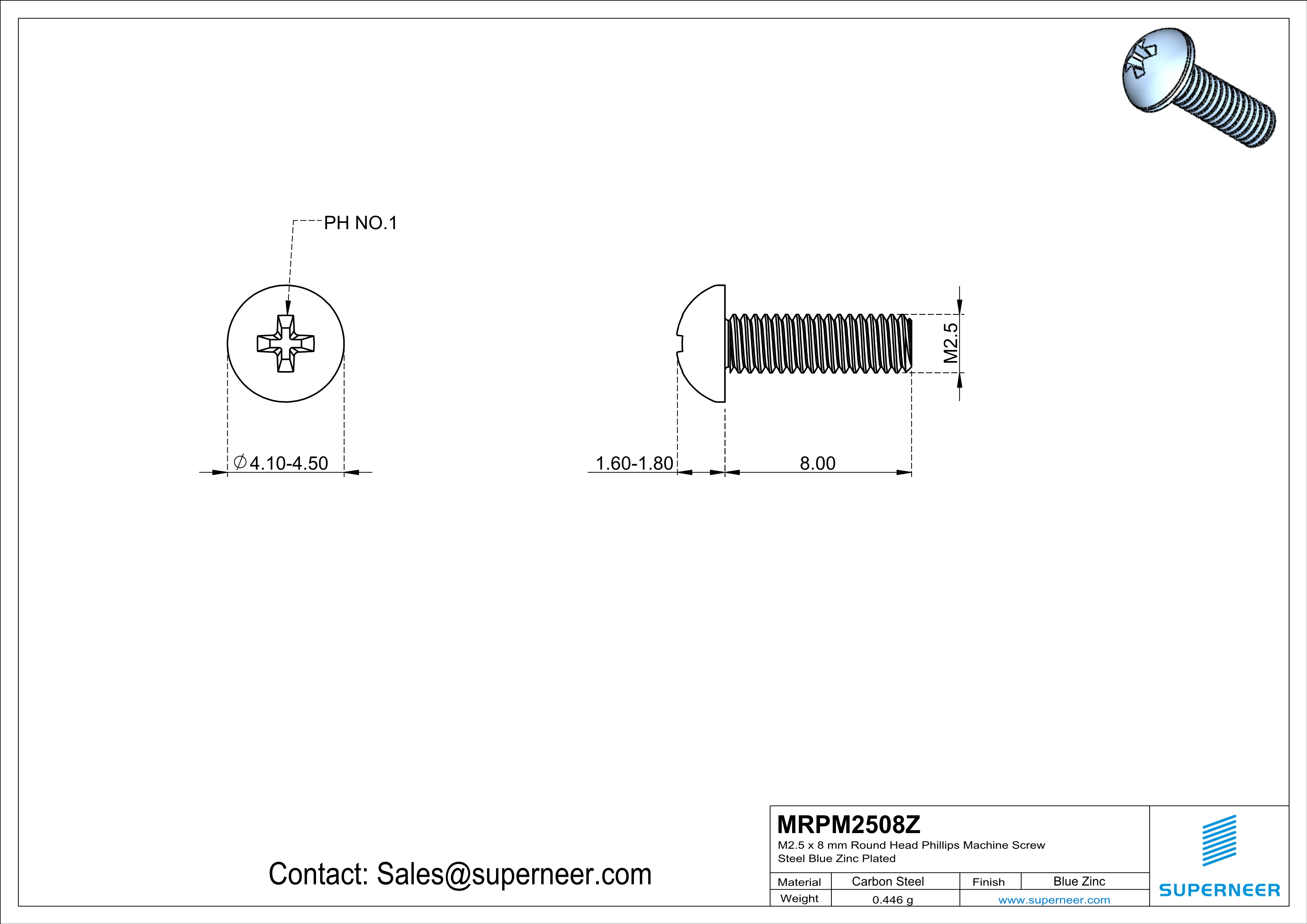 M2.5 x 8 mm Round Head Phillips Machine Screw Steel Blue Zinc Plated