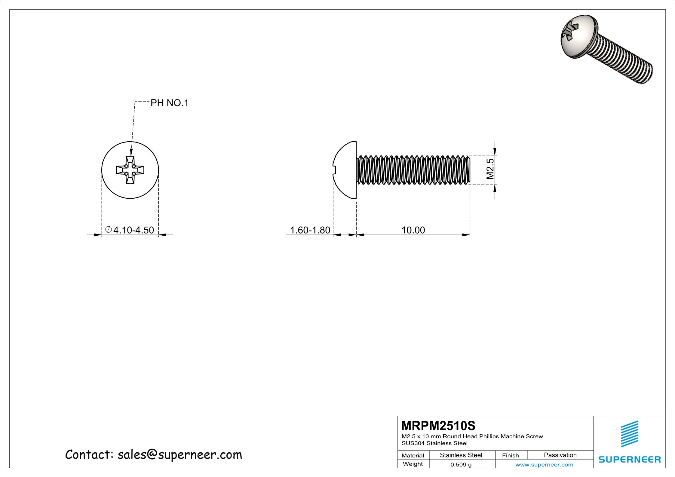 M2.5 x 10 mm Round Head Phillips Machine Screw SUS304 Stainless Steel Inox