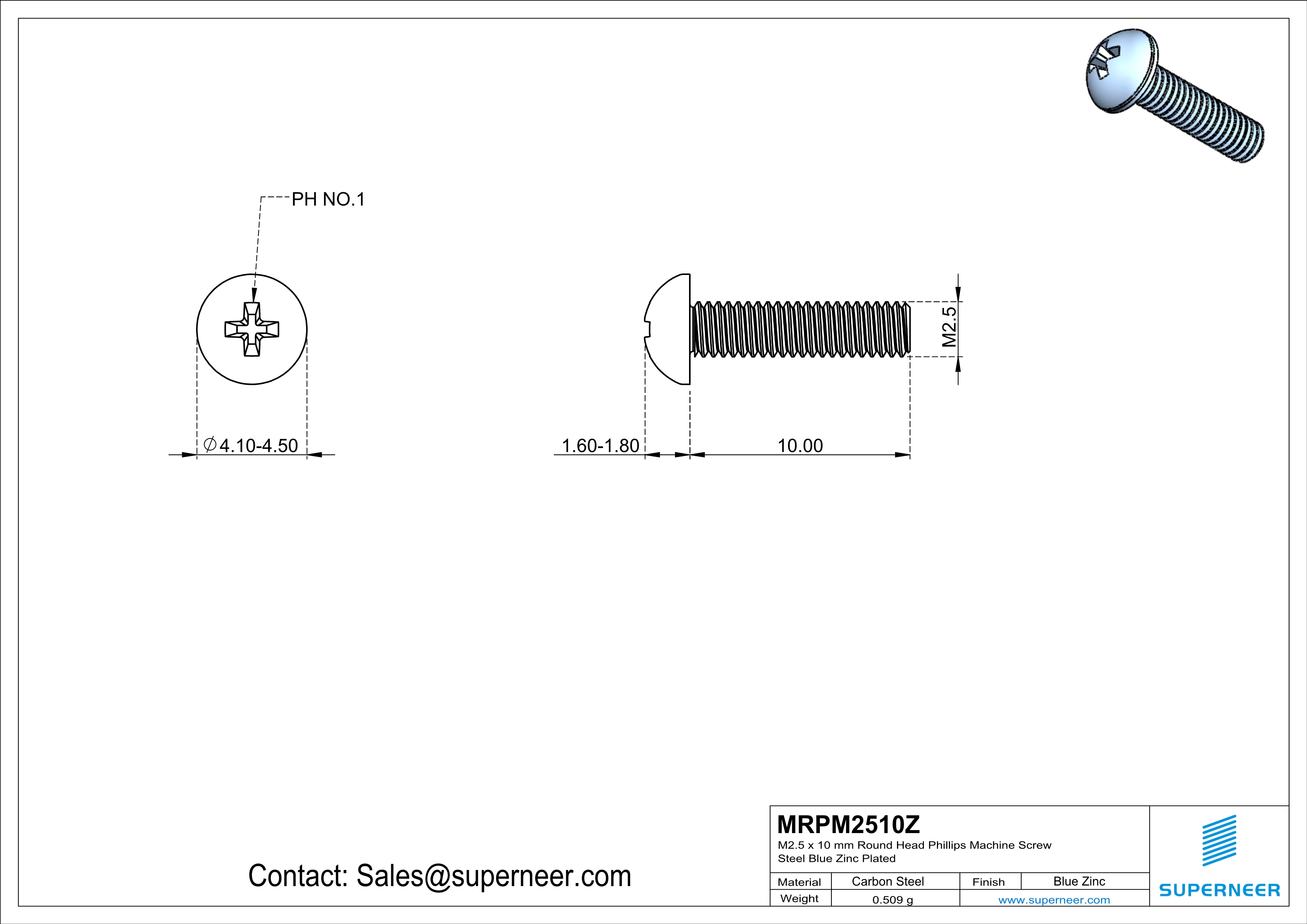 M2.5 x 10 mm Round Head Phillips Machine Screw Steel Blue Zinc Plated