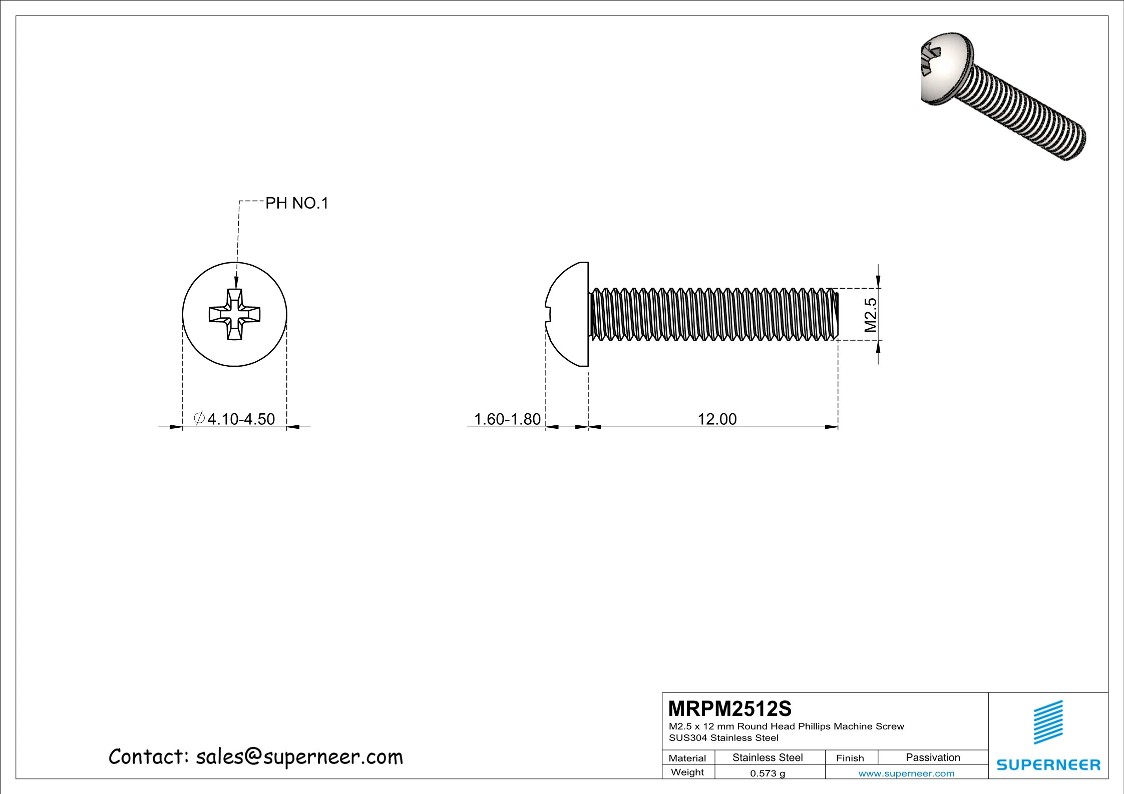 M2.5  x 12 mm Round Head Phillips Machine Screw SUS304 Stainless Steel Inox