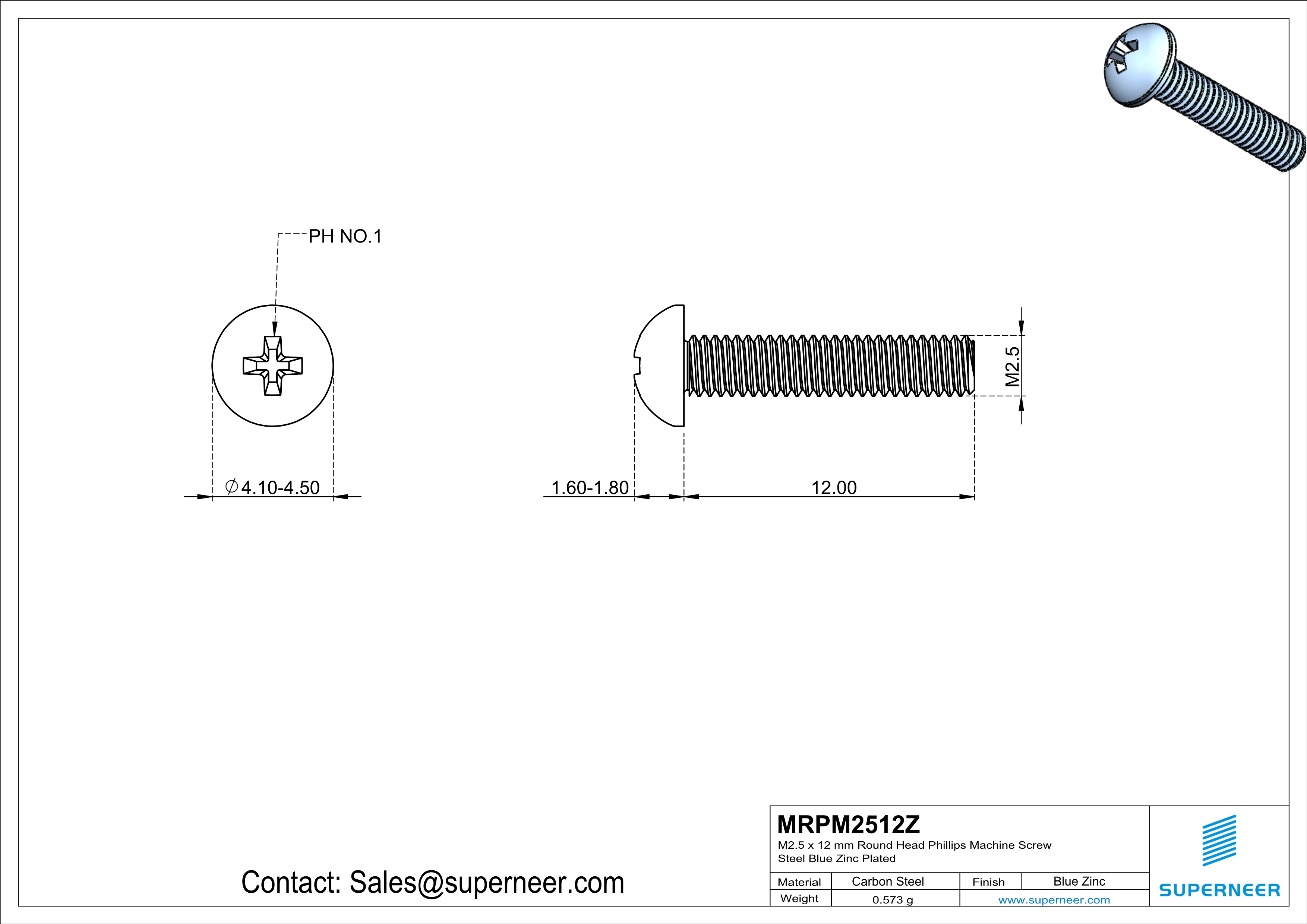 M2.5 x 12 mm Round Head Phillips Machine Screw Steel Blue Zinc Plated