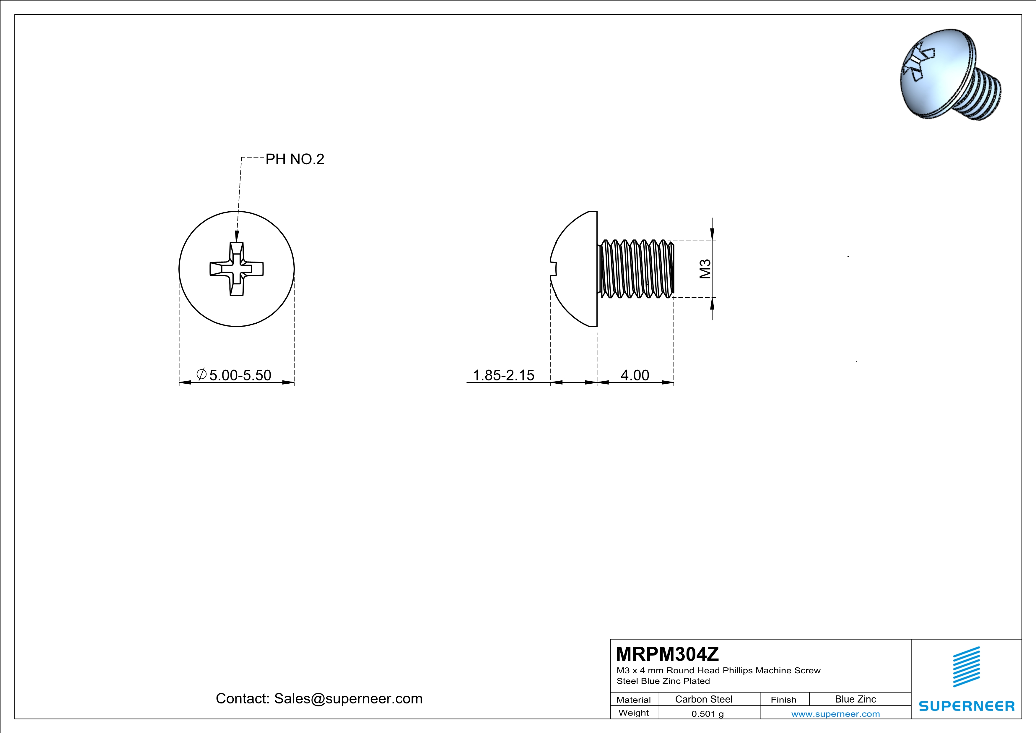 M3 x 4 mm Round Head Phillips Machine Screw Steel Blue Zinc Plated