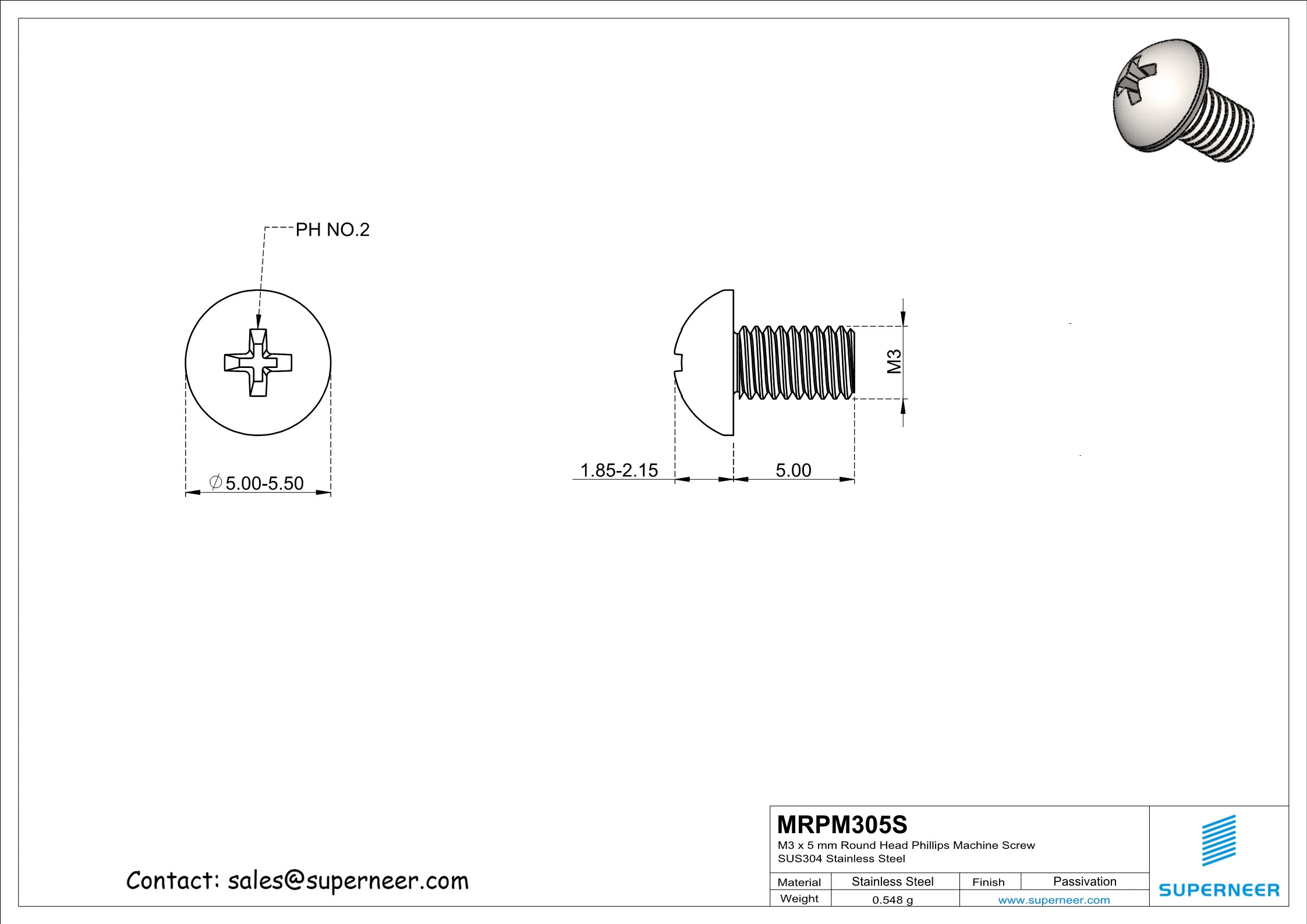 M3 x 5 mm Round Head Phillips Machine Screw SUS304 Stainless Steel Inox