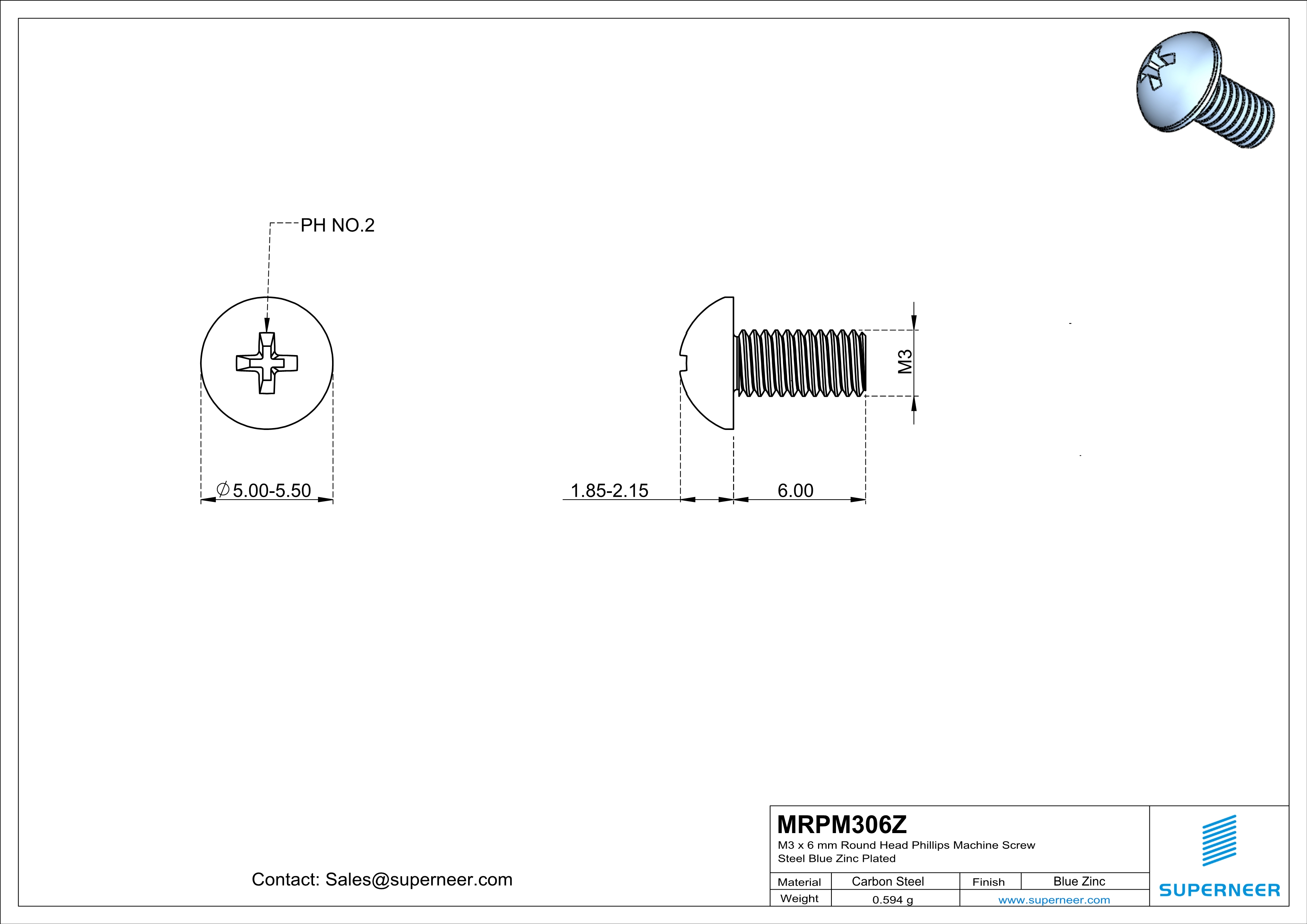 M3 x 6 mm Round Head Phillips Machine Screw Steel Blue Zinc Plated