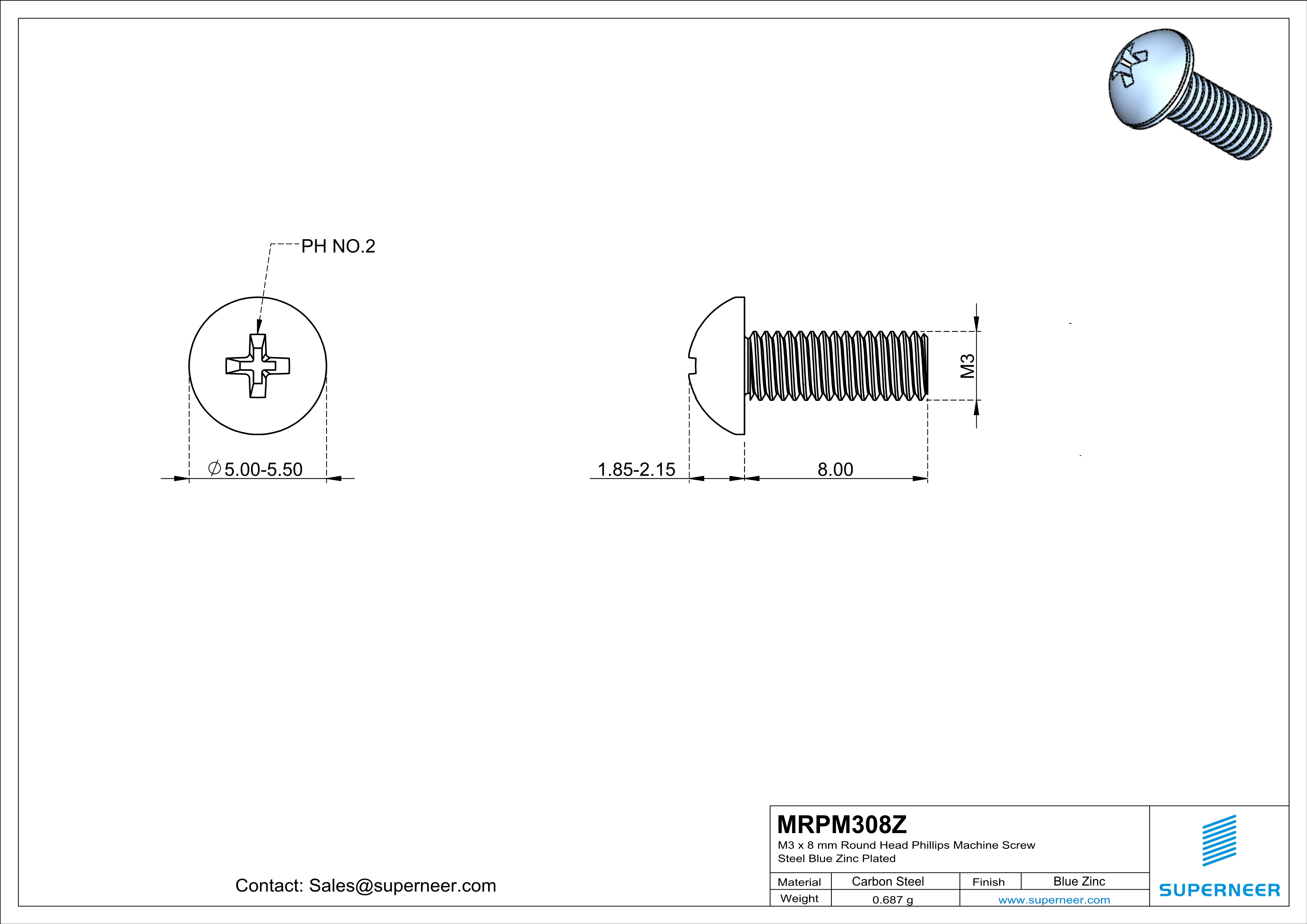 M3 x 8 mm Round Head Phillips Machine Screw Steel Blue Zinc Plated