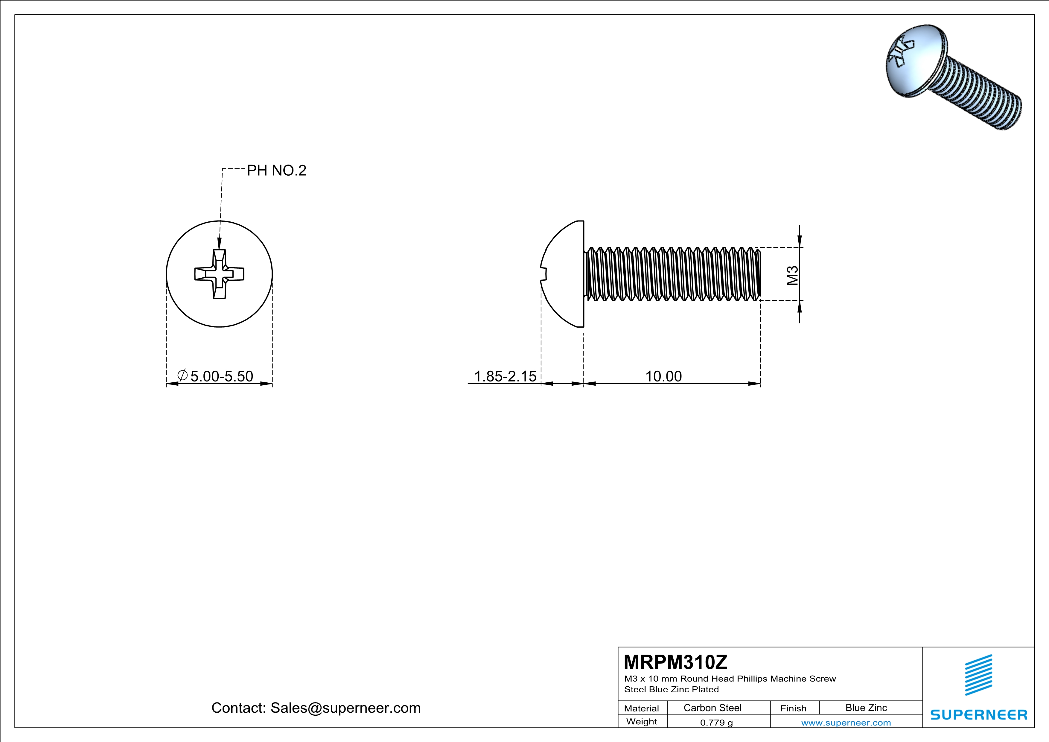 M3 x 10 mm Round Head Phillips Machine Screw Steel Blue Zinc Plated