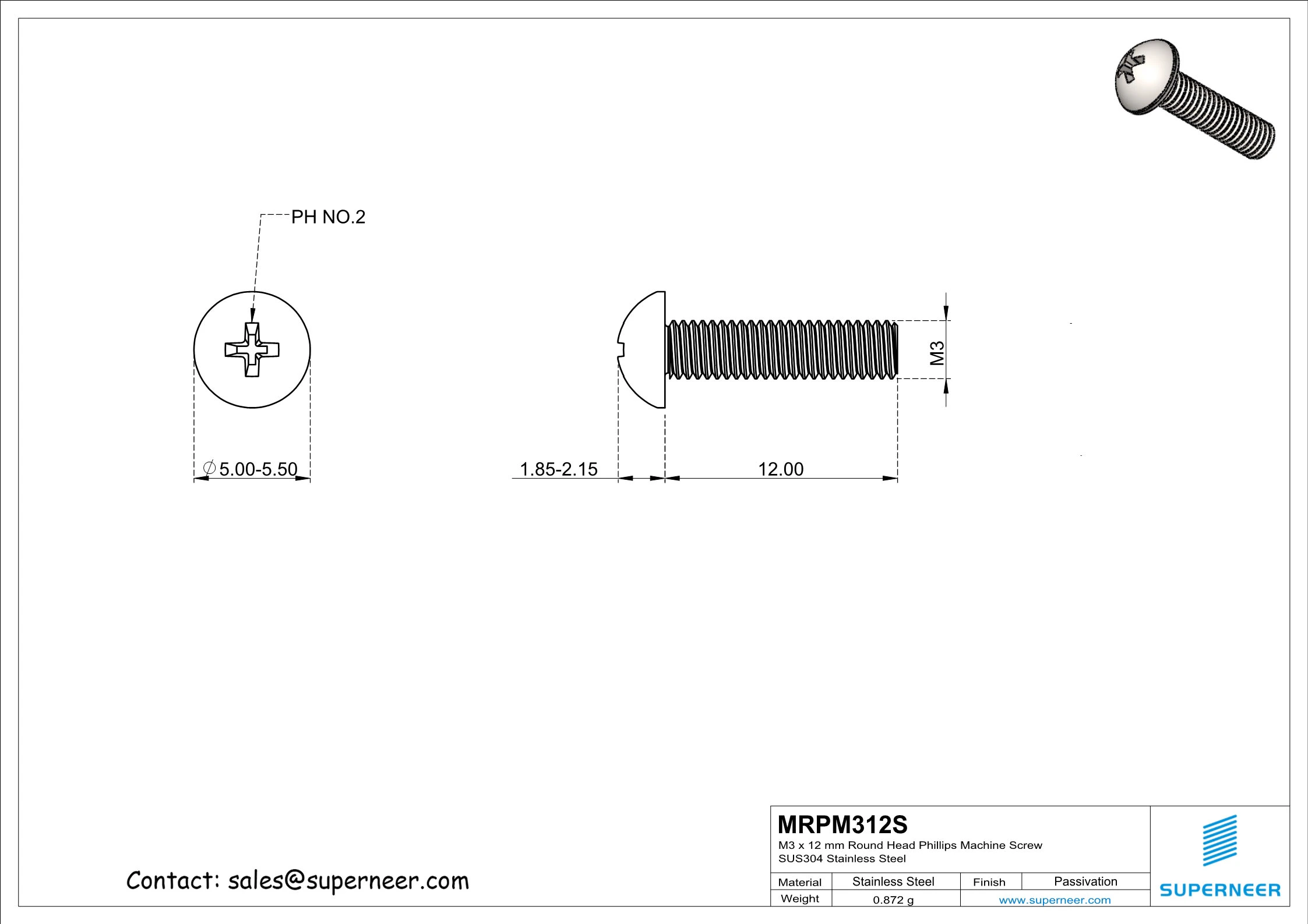 M3 x 12 mm Round Head Phillips Machine Screw SUS304 Stainless Steel Inox