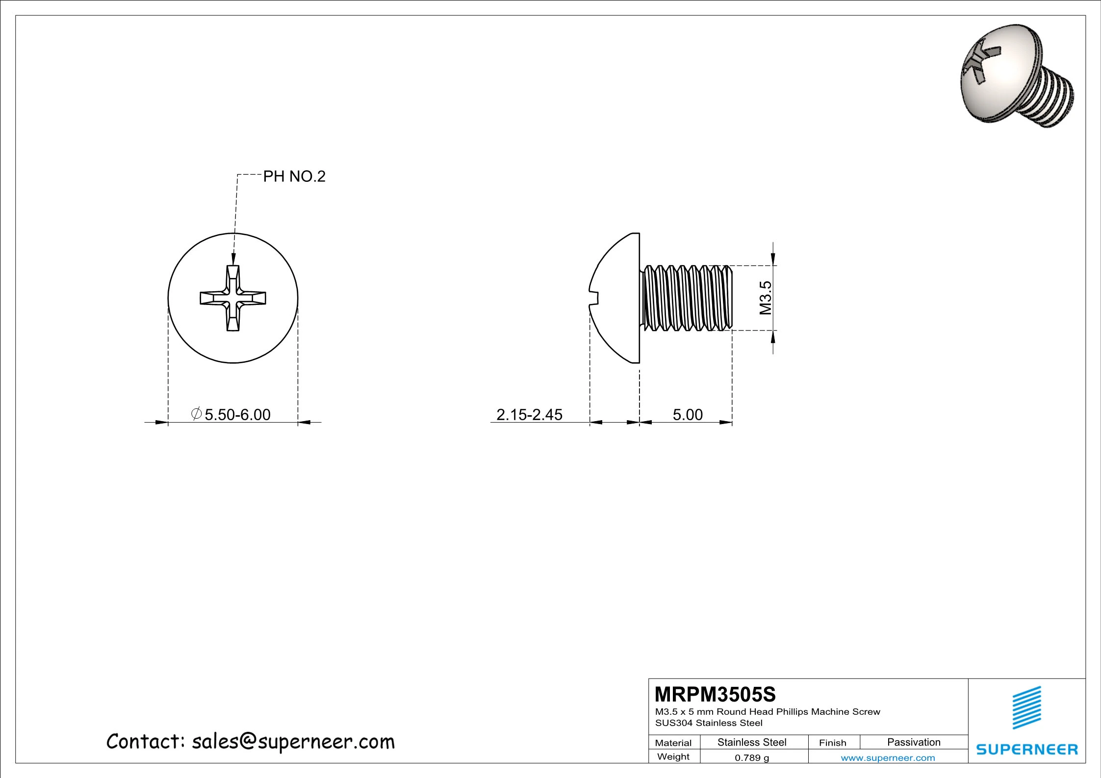 M3.5 x 5 mm Round Head Phillips Machine Screw SUS304 Stainless Steel Inox