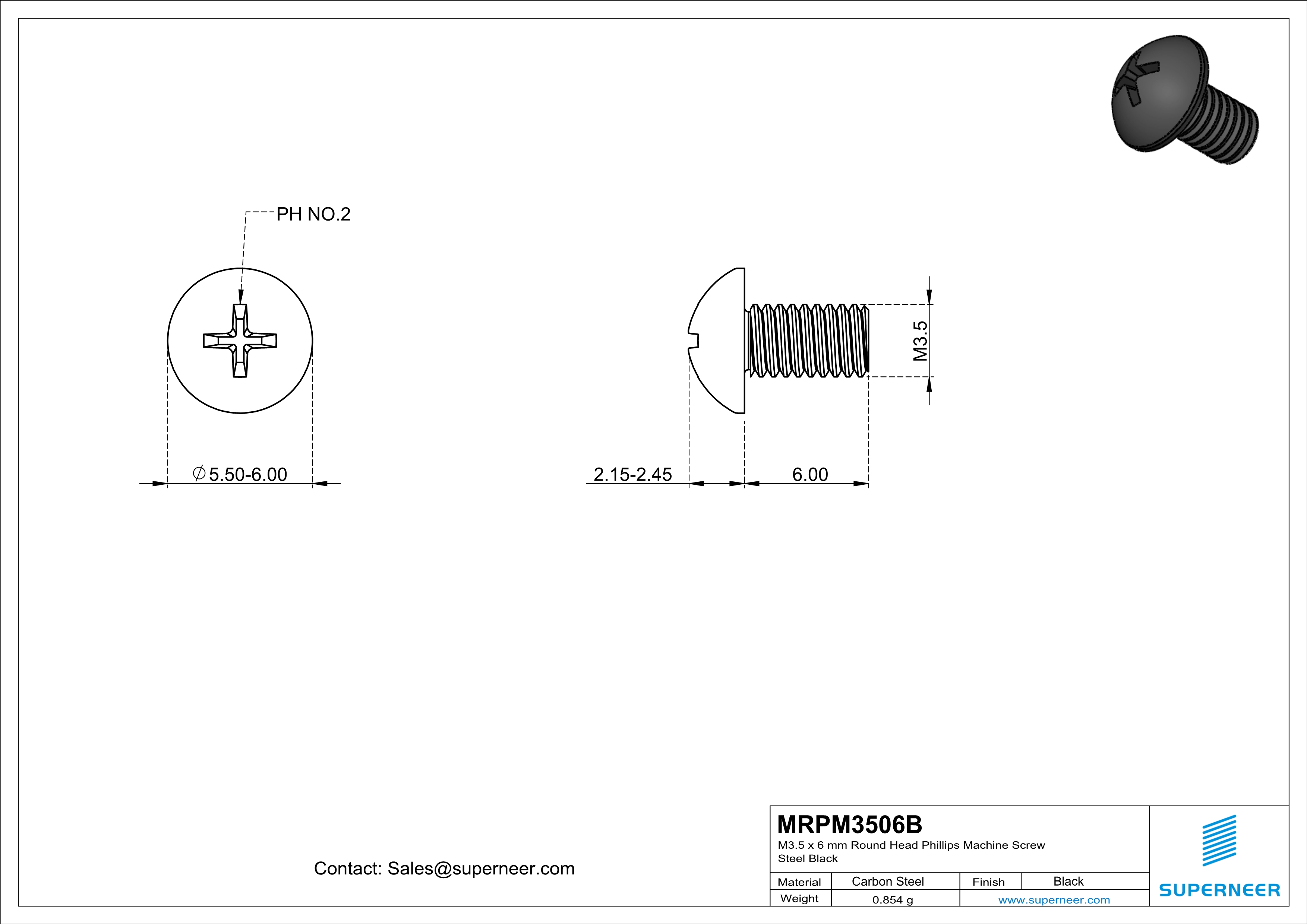 M3.5 x 6 mm Round Head Phillips Machine Screw Steel Black