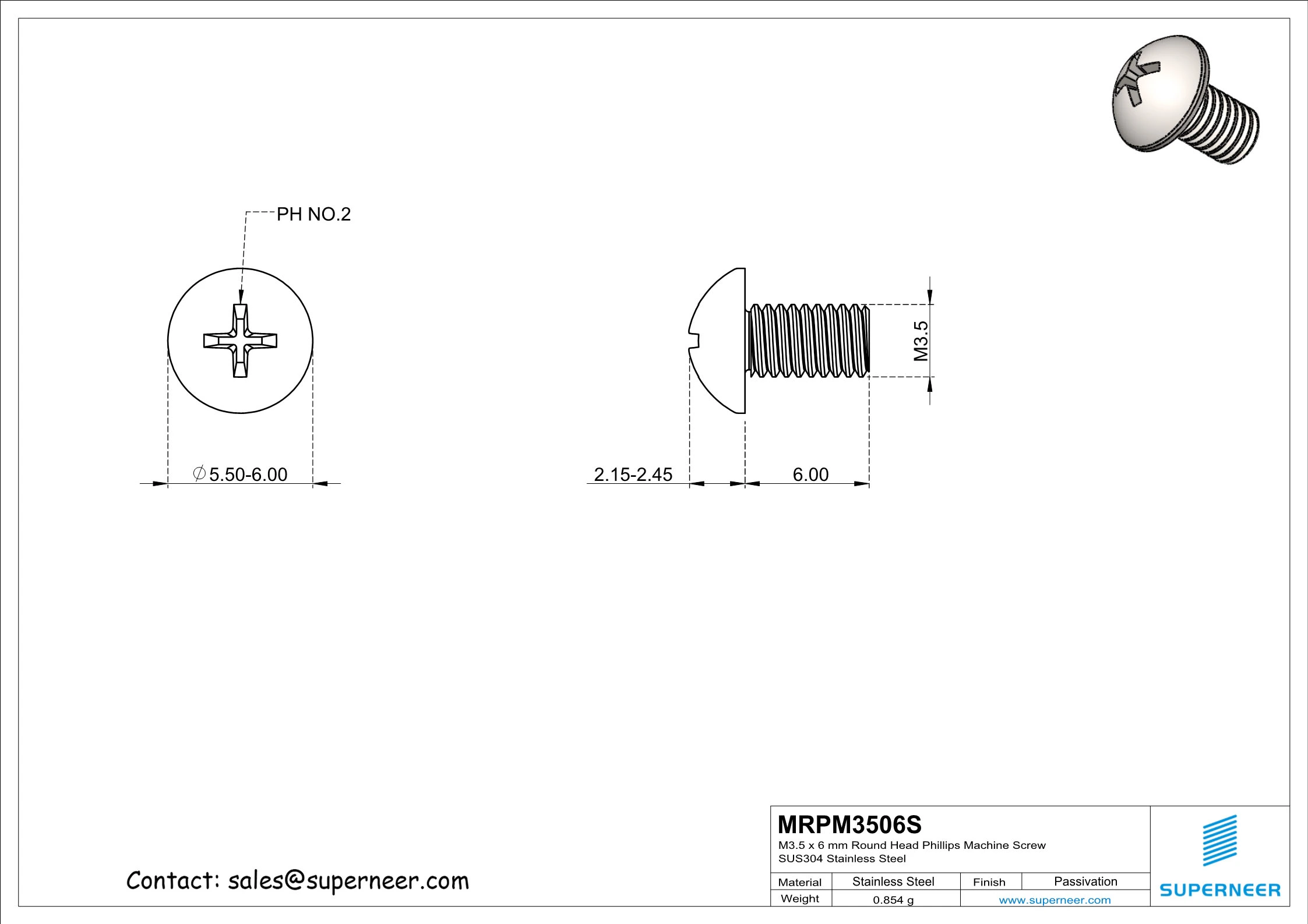 M3.5 x 6 mm Round Head Phillips Machine Screw SUS304 Stainless Steel Inox