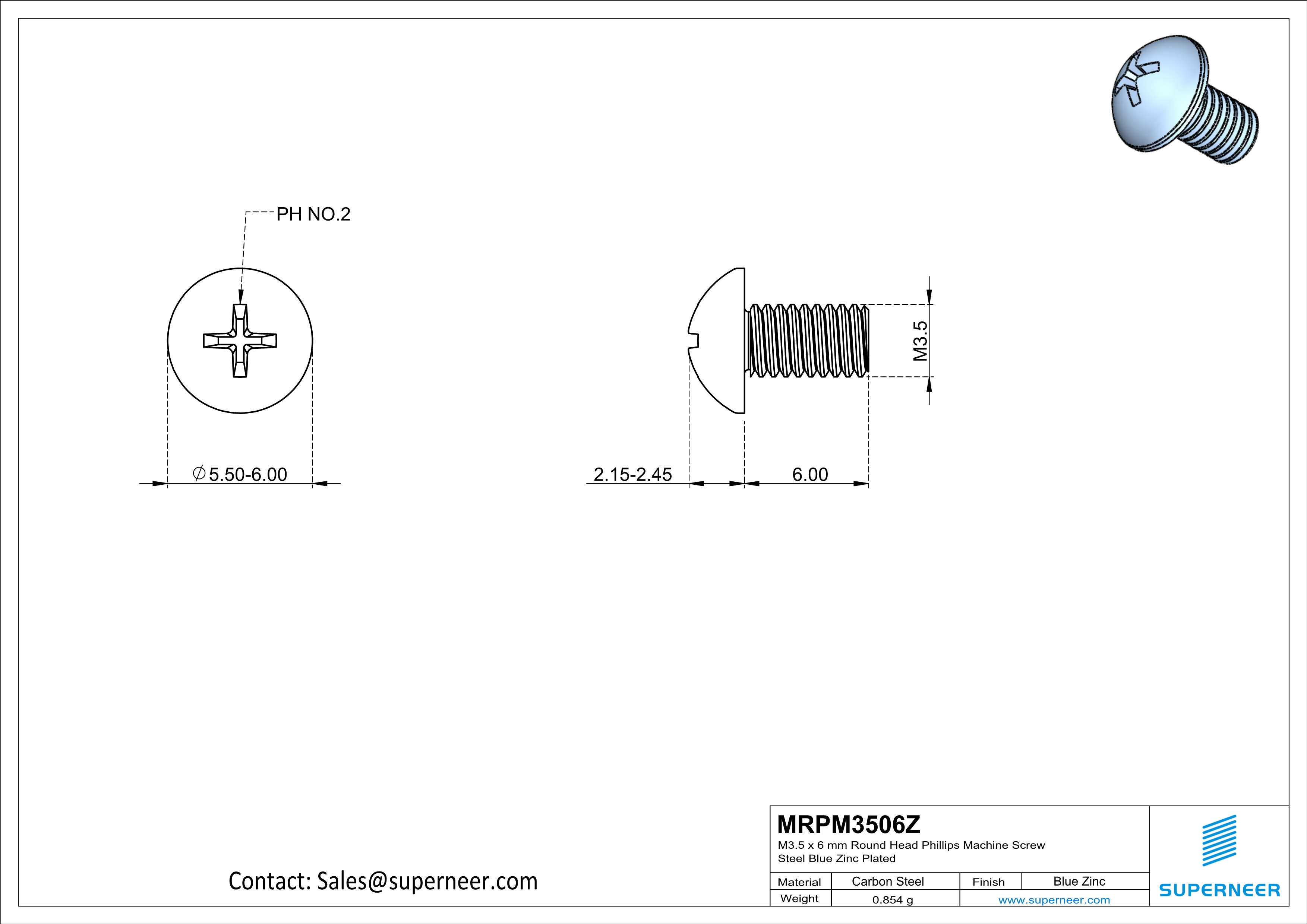 M3.5 x 6 mm Round Head Phillips Machine Screw Steel Blue Zinc Plated