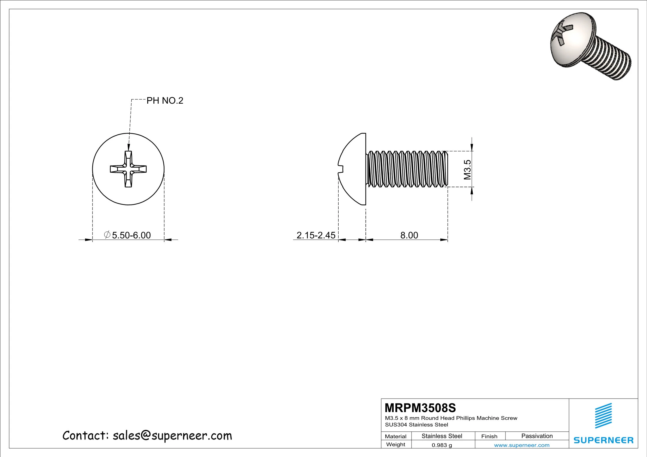 M3.5 x 8 mm Round Head Phillips Machine Screw SUS304 Stainless Steel Inox