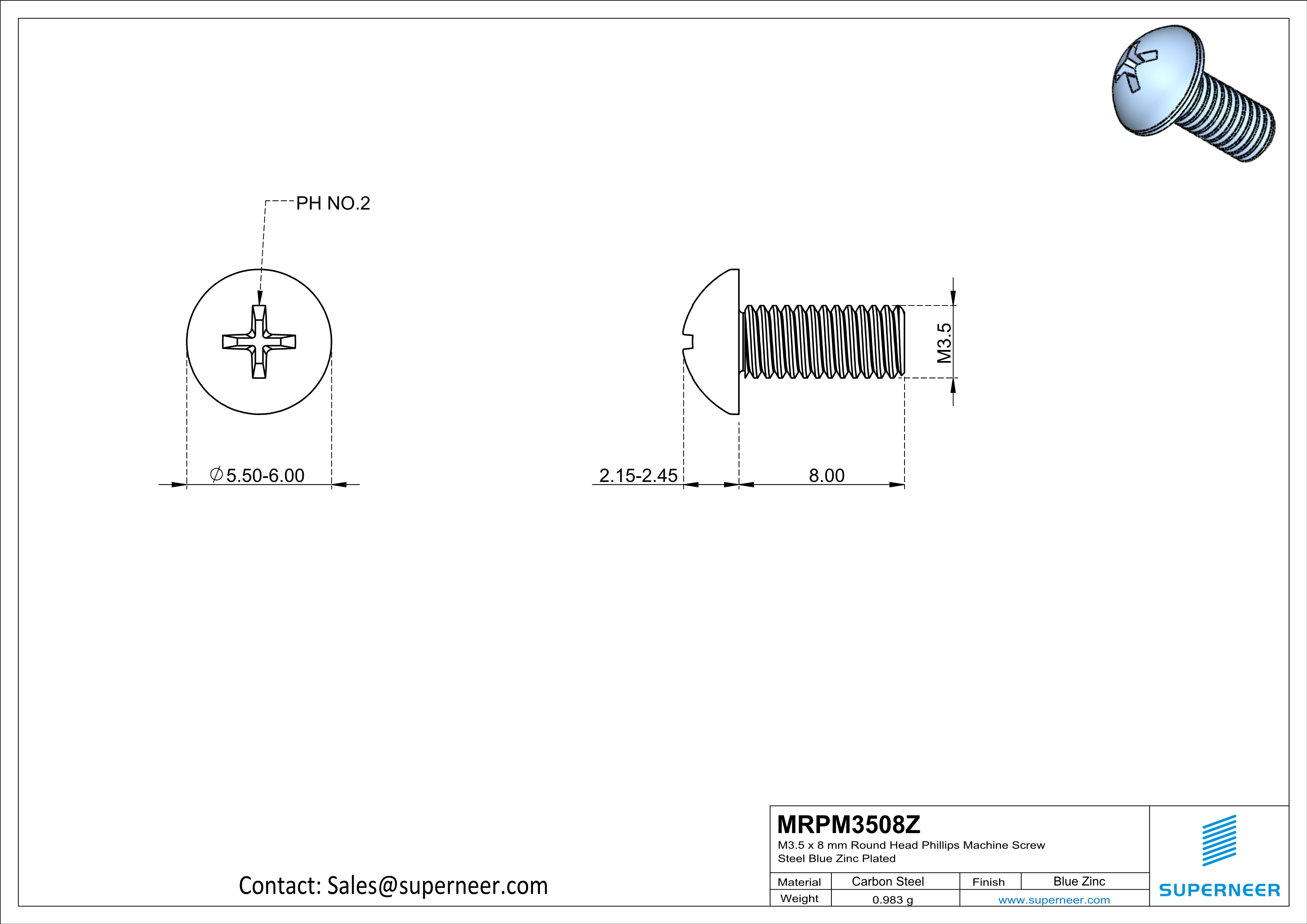 M3.5 x 8 mm Round Head Phillips Machine Screw Steel Blue Zinc Plated