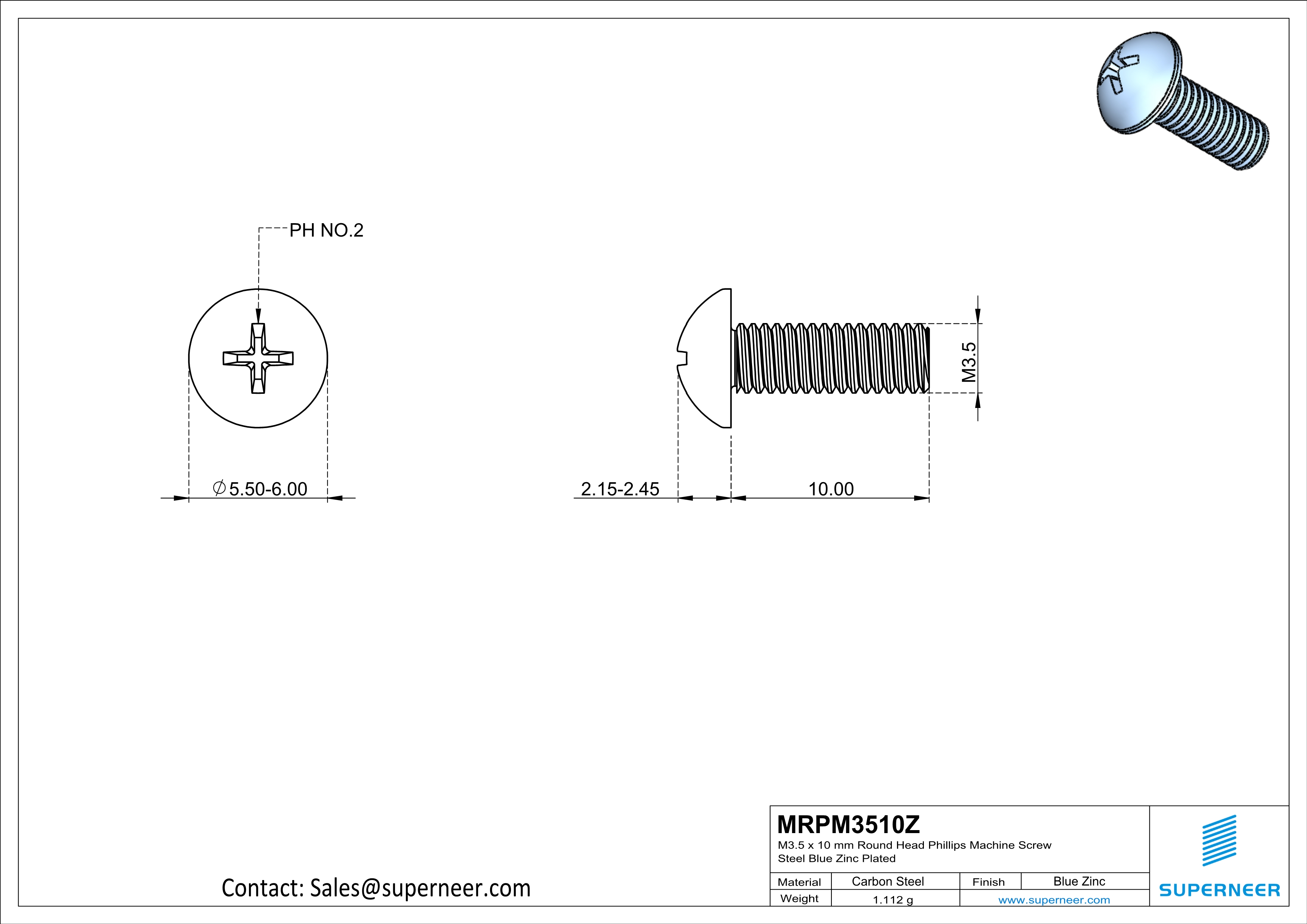 M3.5 x 10 mm Round Head Phillips Machine Screw Steel Blue Zinc Plated