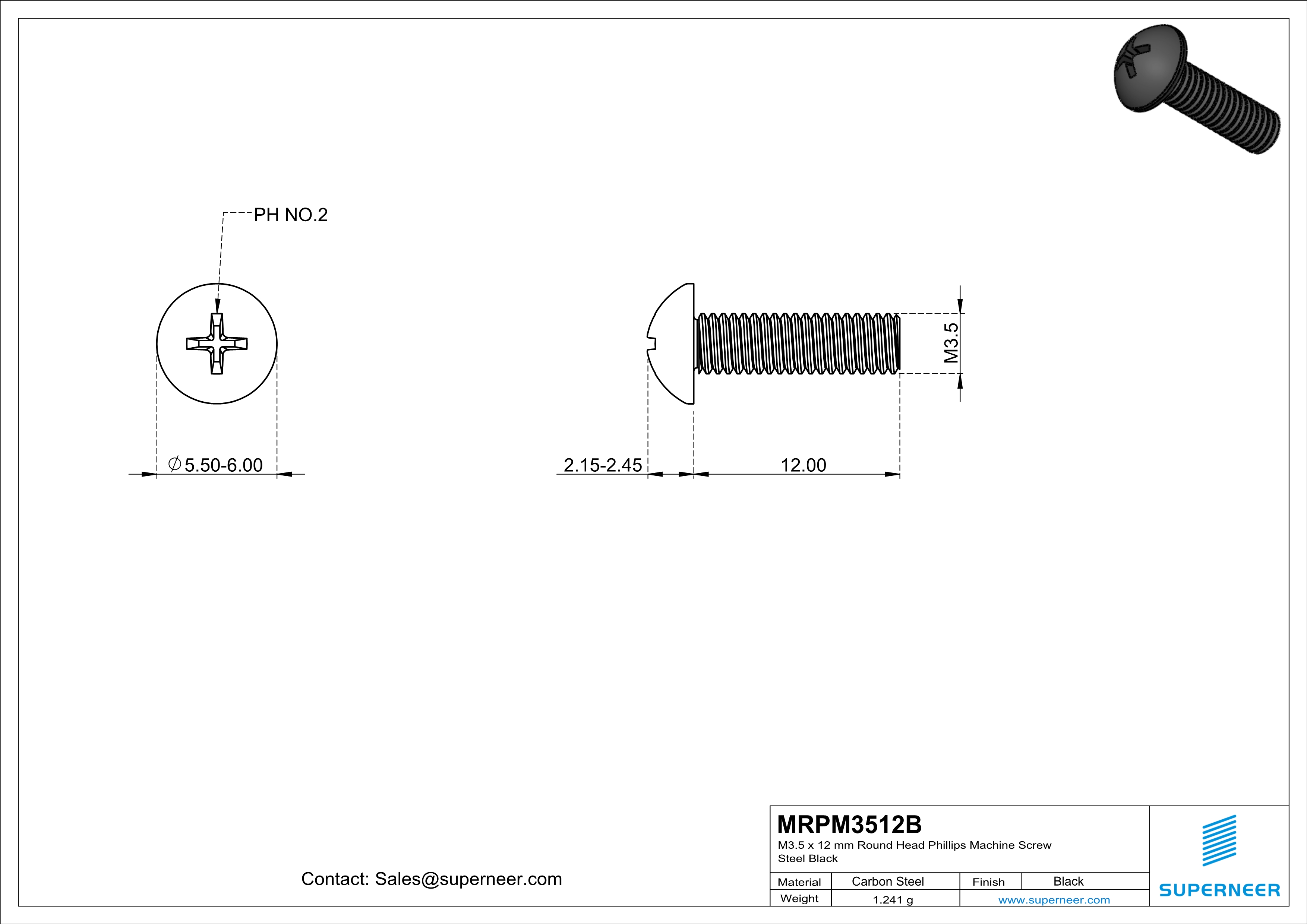 M3.5 x 12 mm Round Head Phillips Machine Screw Steel Black