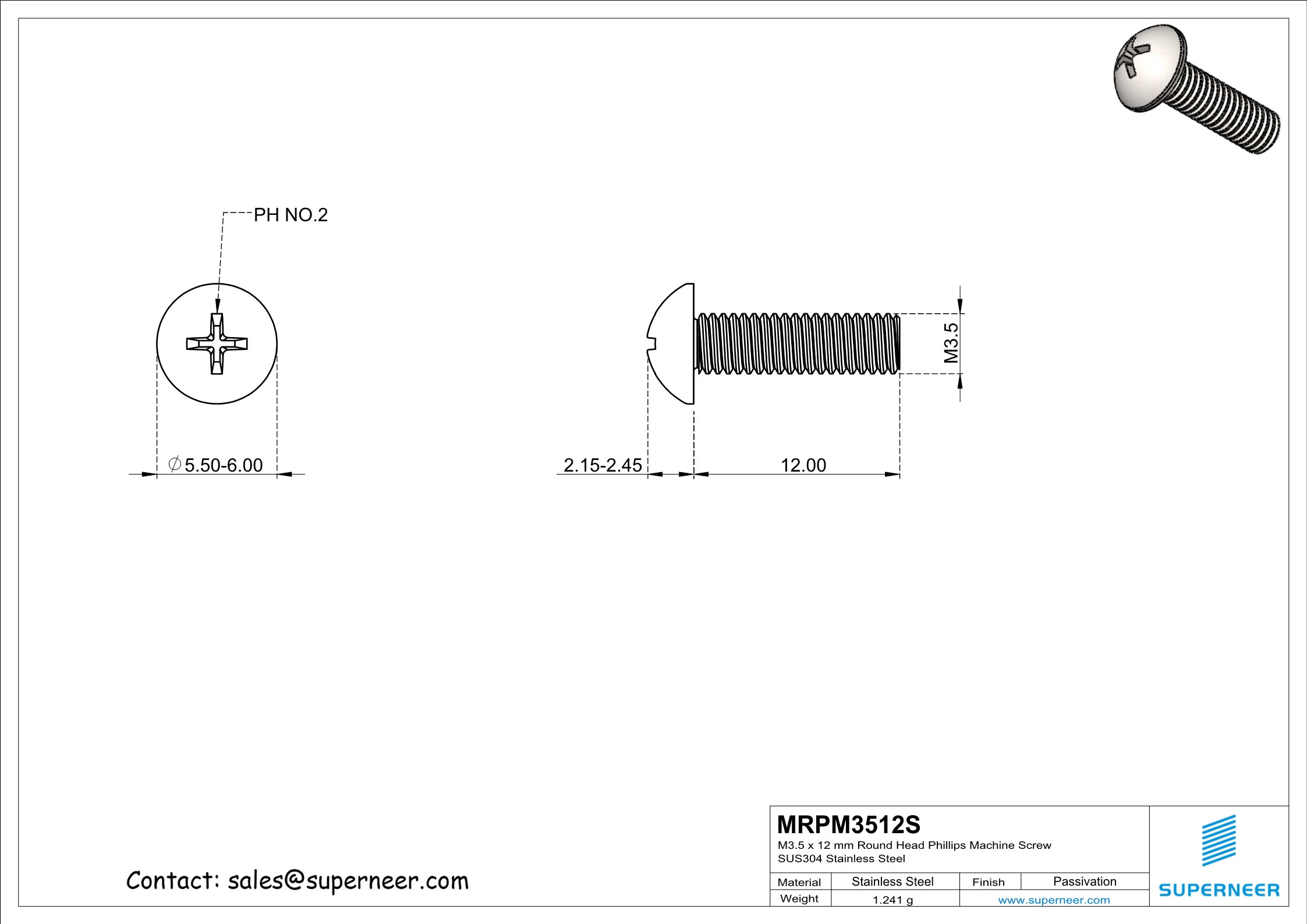 M3.5 x 12 mm Round Head Phillips Machine Screw SUS304 Stainless Steel Inox