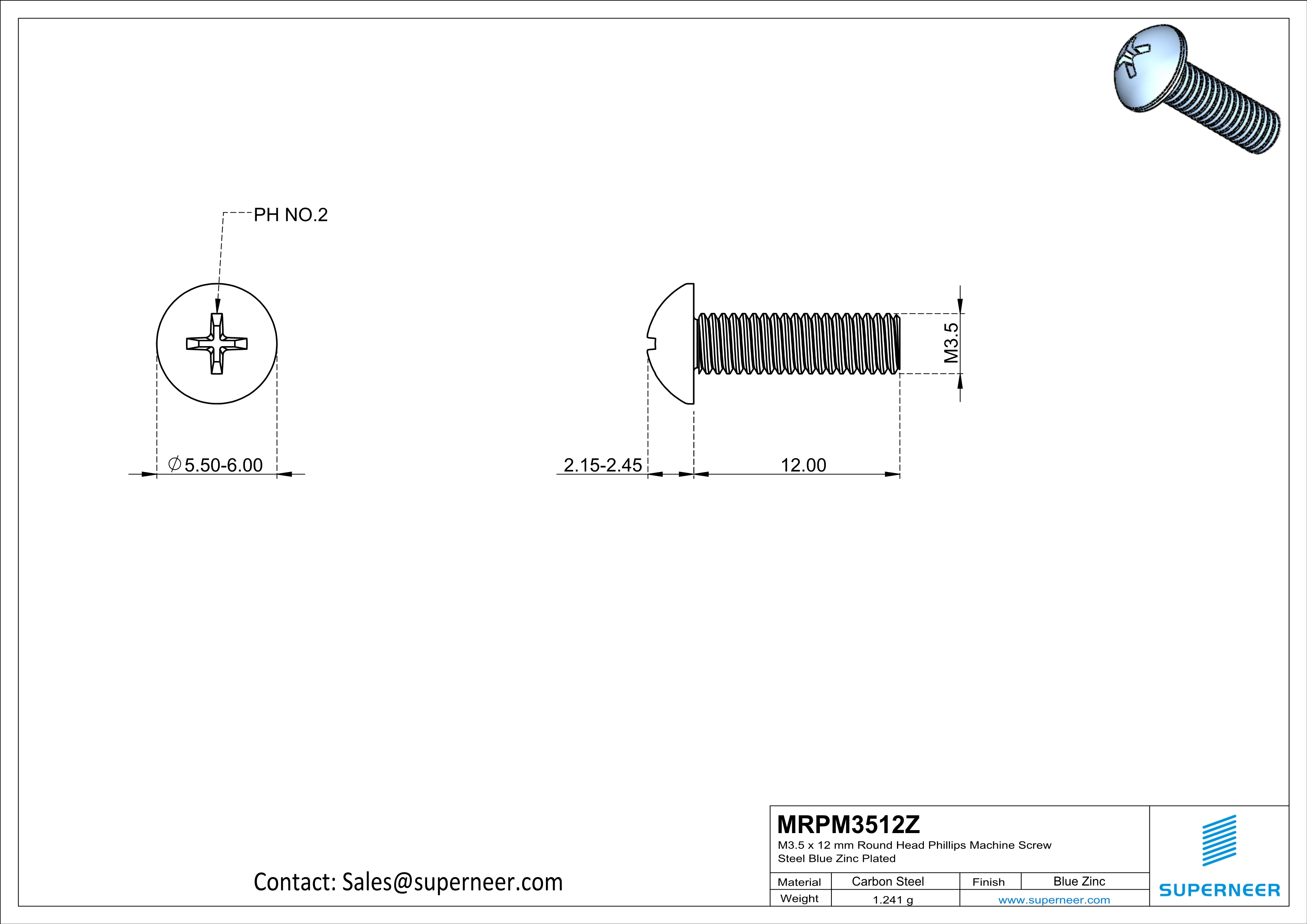 M3.5 x 12 mm Round Head Phillips Machine Screw Steel Blue Zinc Plated