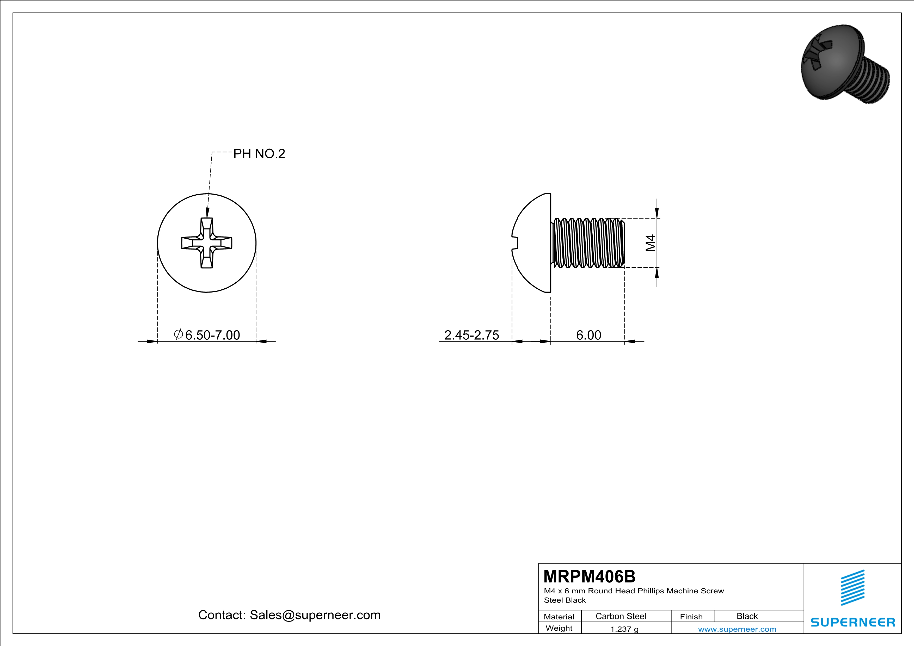 M4 x 6 mm Round Head Phillips Machine Screw Steel Black