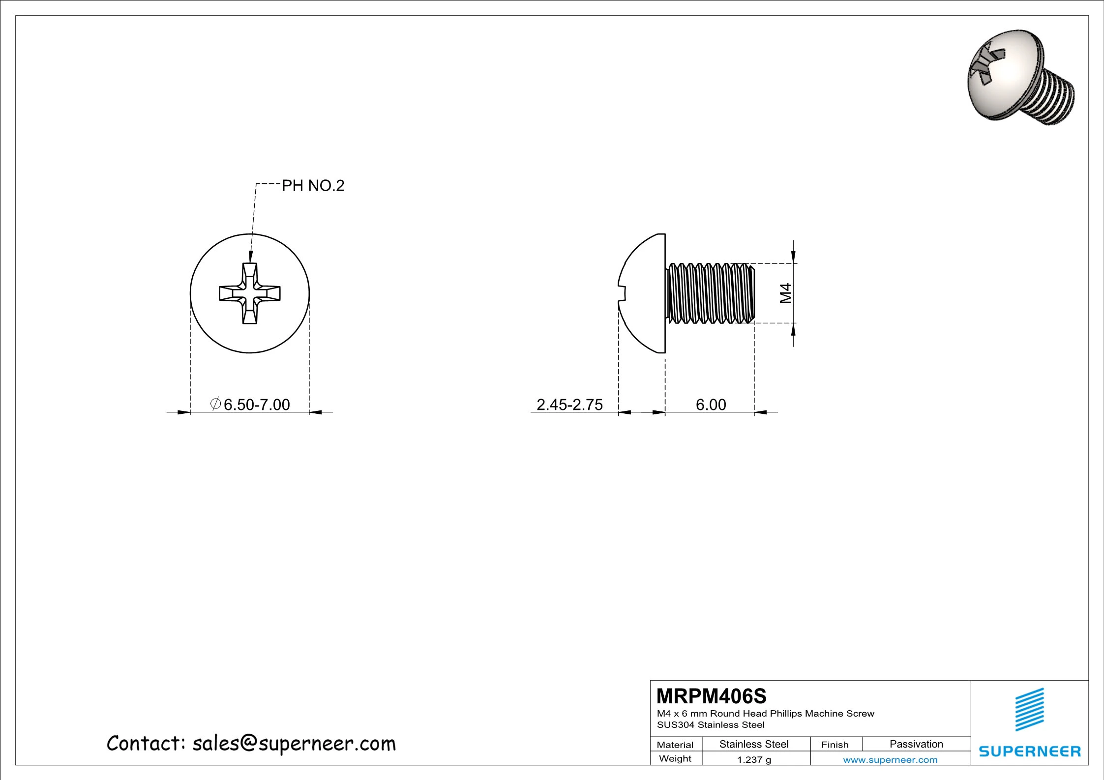 M4 x 6 mm Round Head Phillips Machine Screw SUS304 Stainless Steel Inox