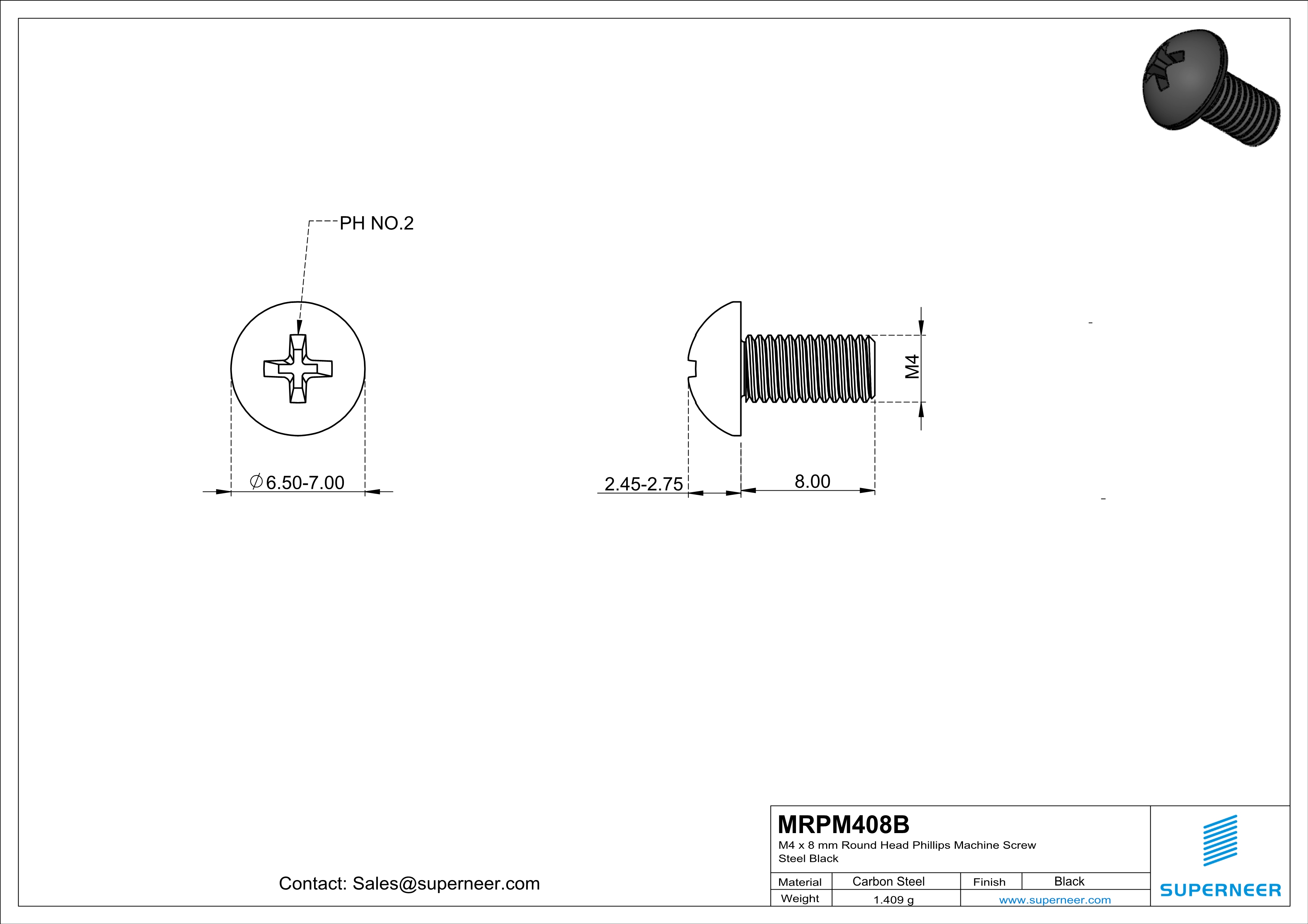 M4 x 8 mm Round Head Phillips Machine Screw Steel Black