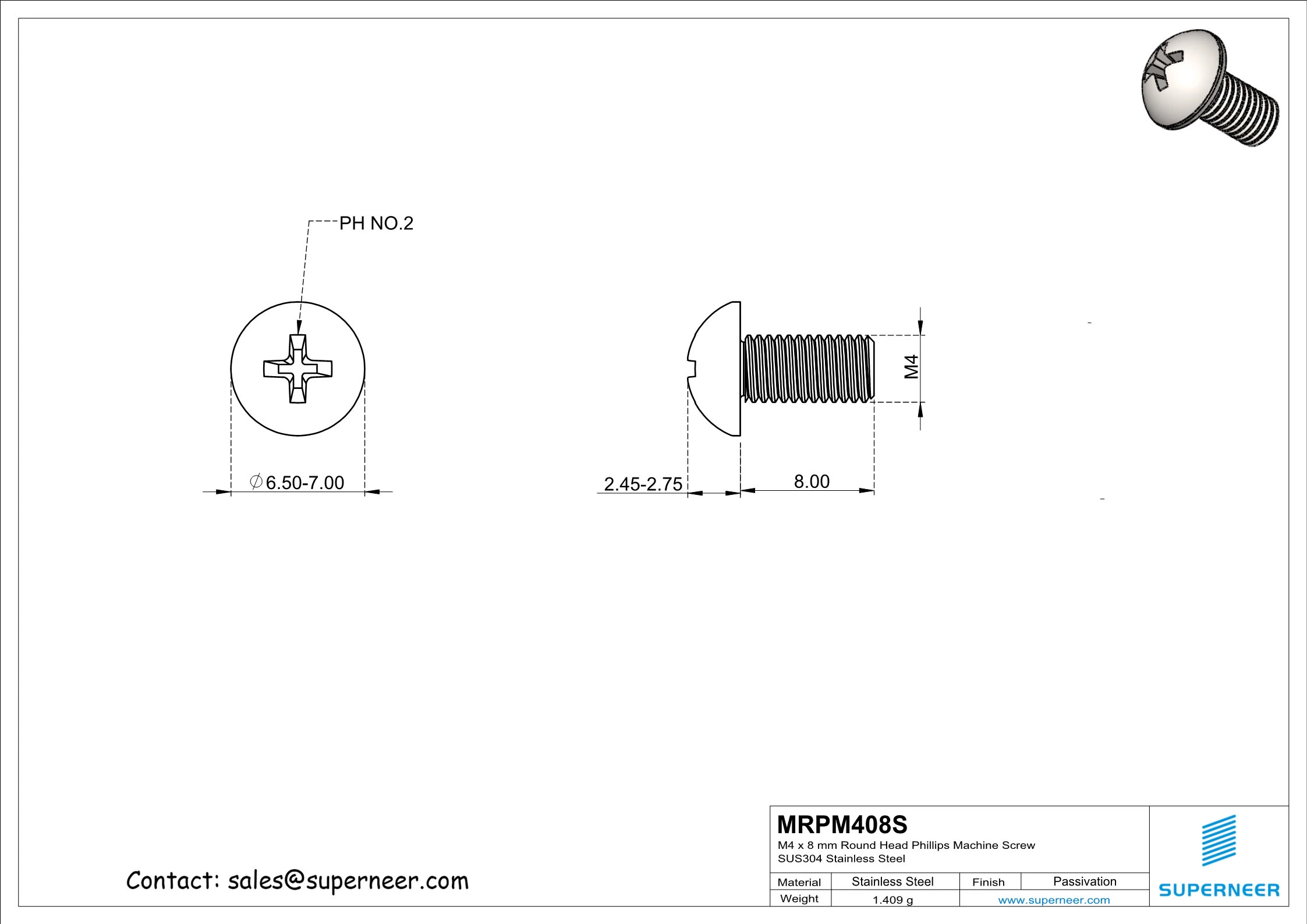 M4 x 8 mm Round Head Phillips Machine Screw SUS304 Stainless Steel Inox