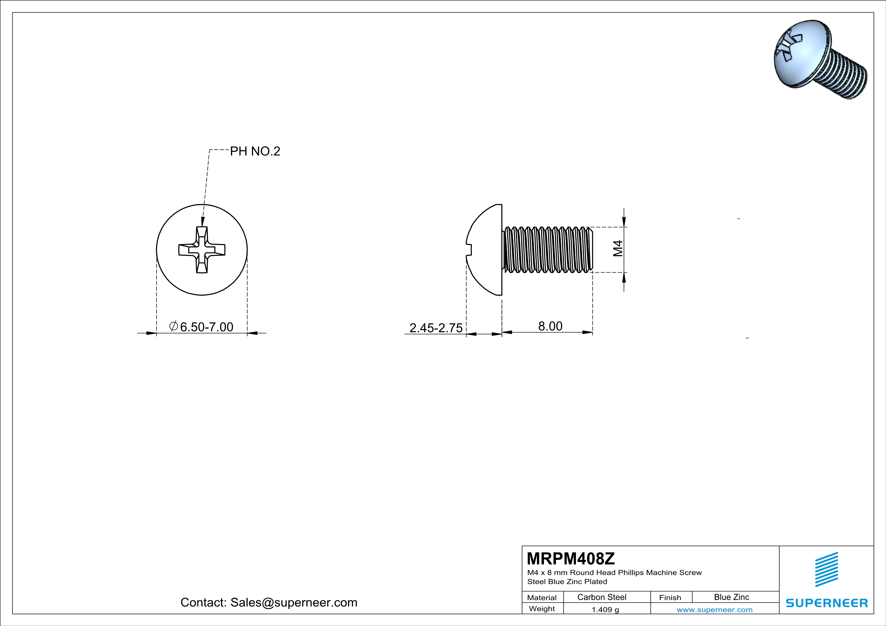 M4 x 8 mm Round Head Phillips Machine Screw Steel Blue Zinc Plated