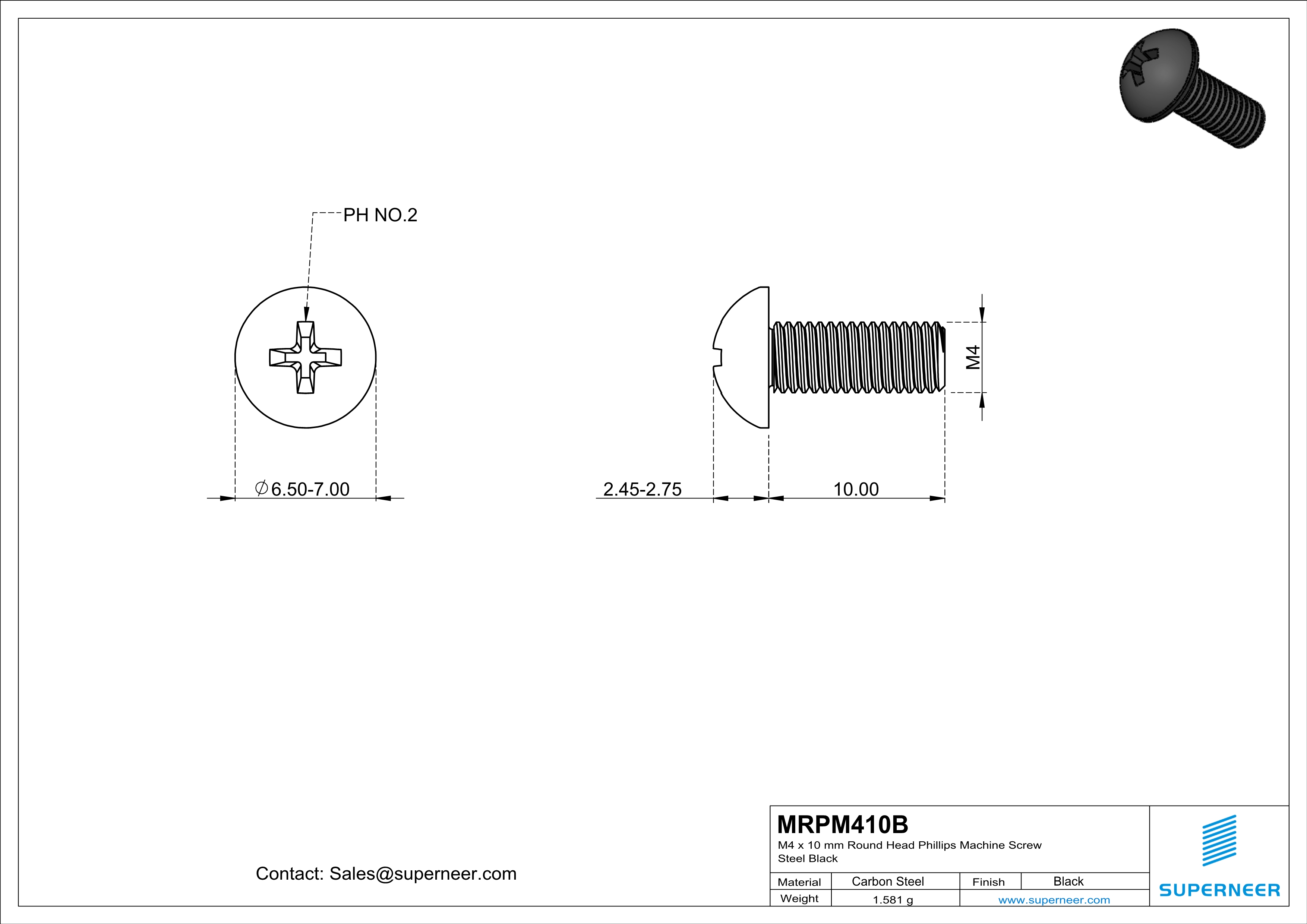 M4 x 10 mm Round Head Phillips Machine Screw Steel Black