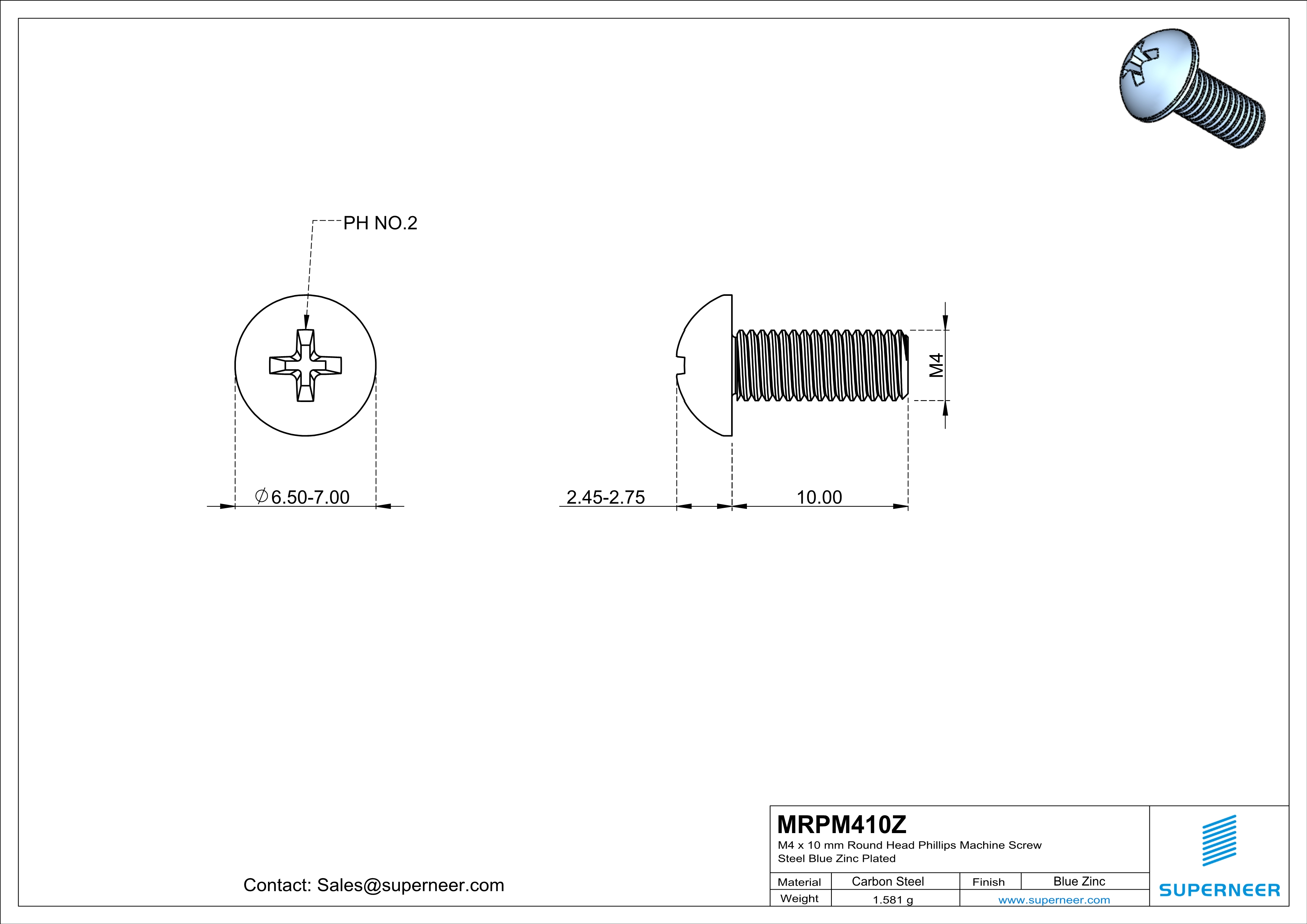 M4 x 10 mm Round Head Phillips Machine Screw Steel Blue Zinc Plated