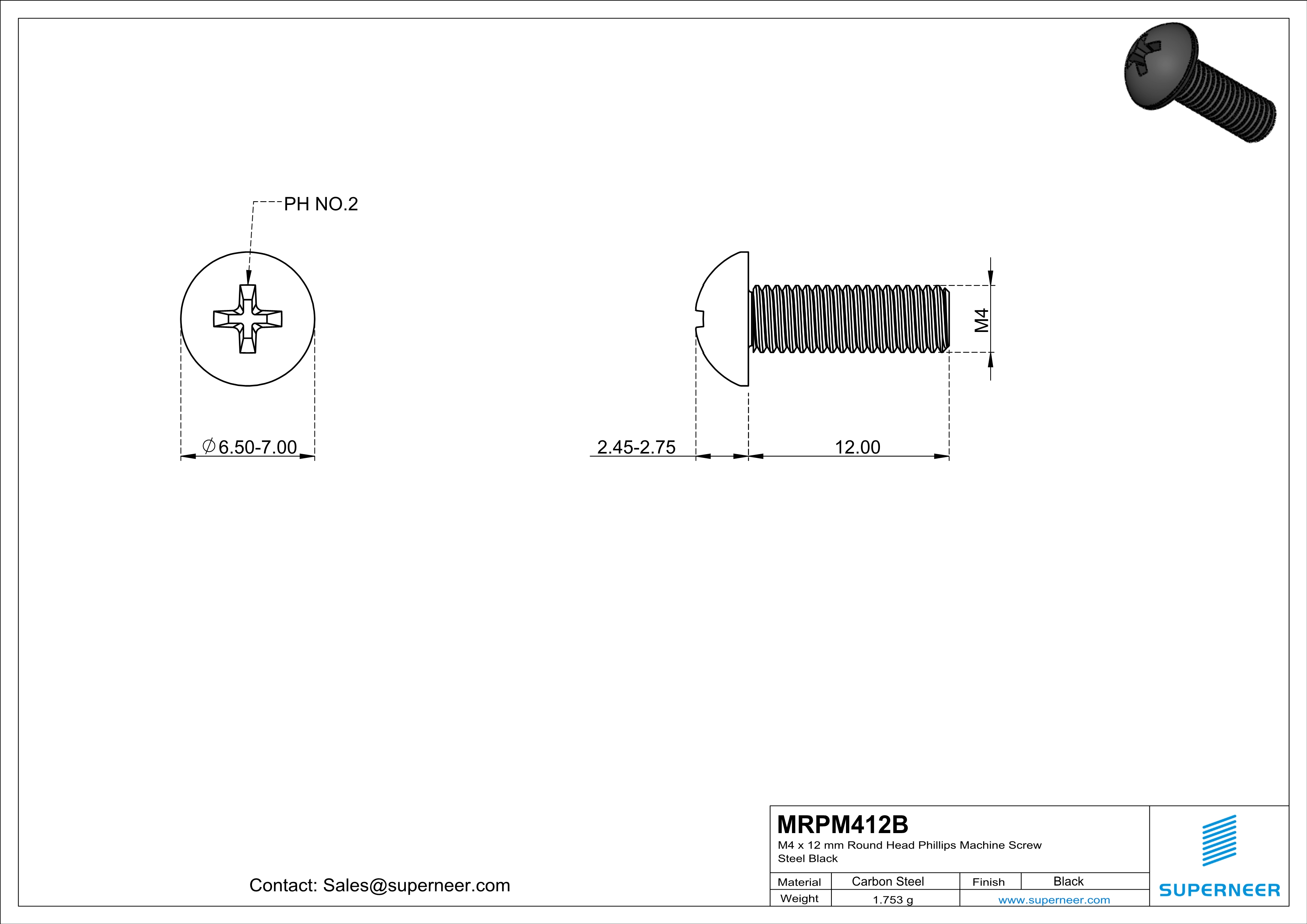 M4 x 12 mm Round Head Phillips Machine Screw Steel Black