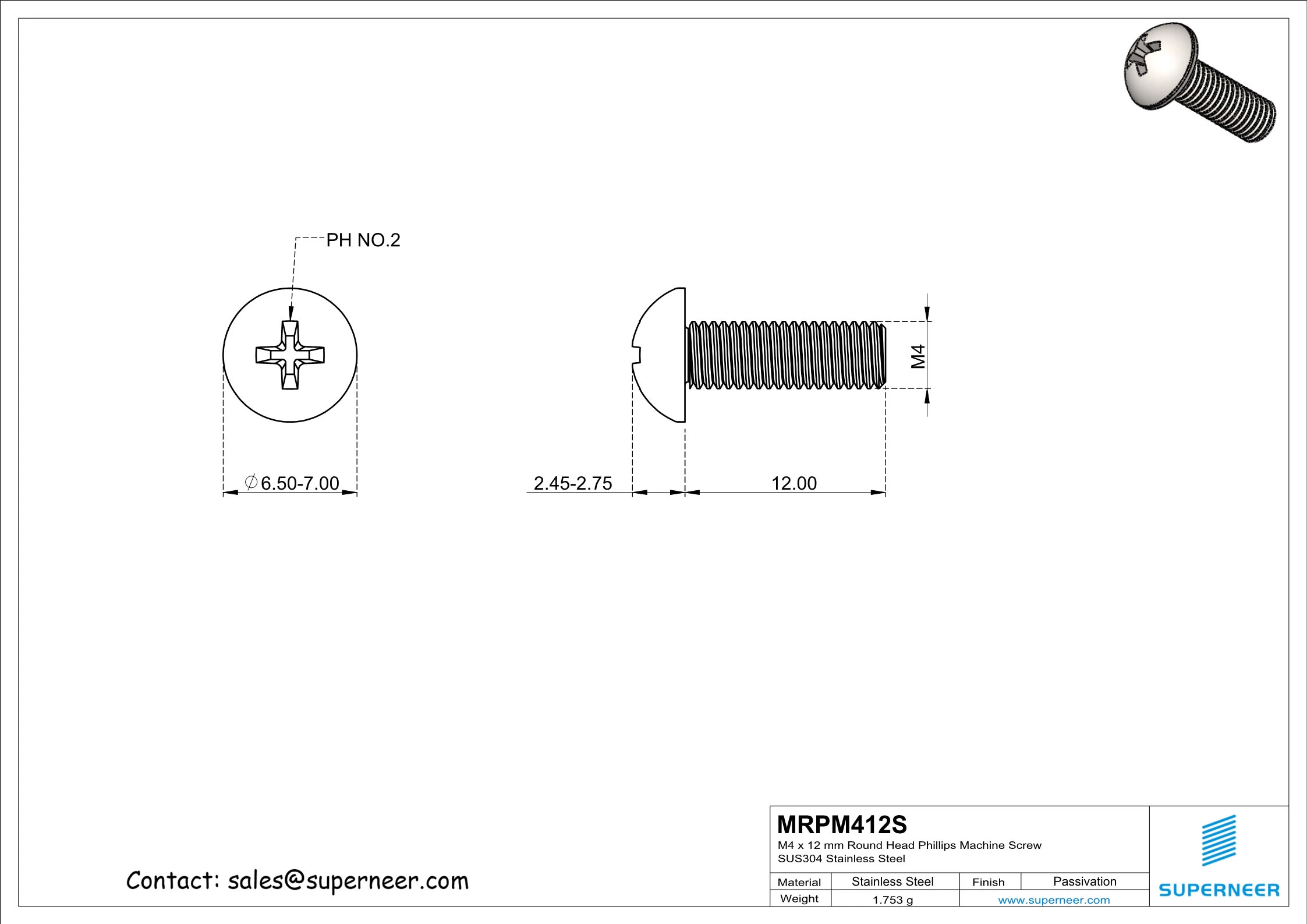 M4 x 12 mm Round Head Phillips Machine Screw SUS304 Stainless Steel Inox