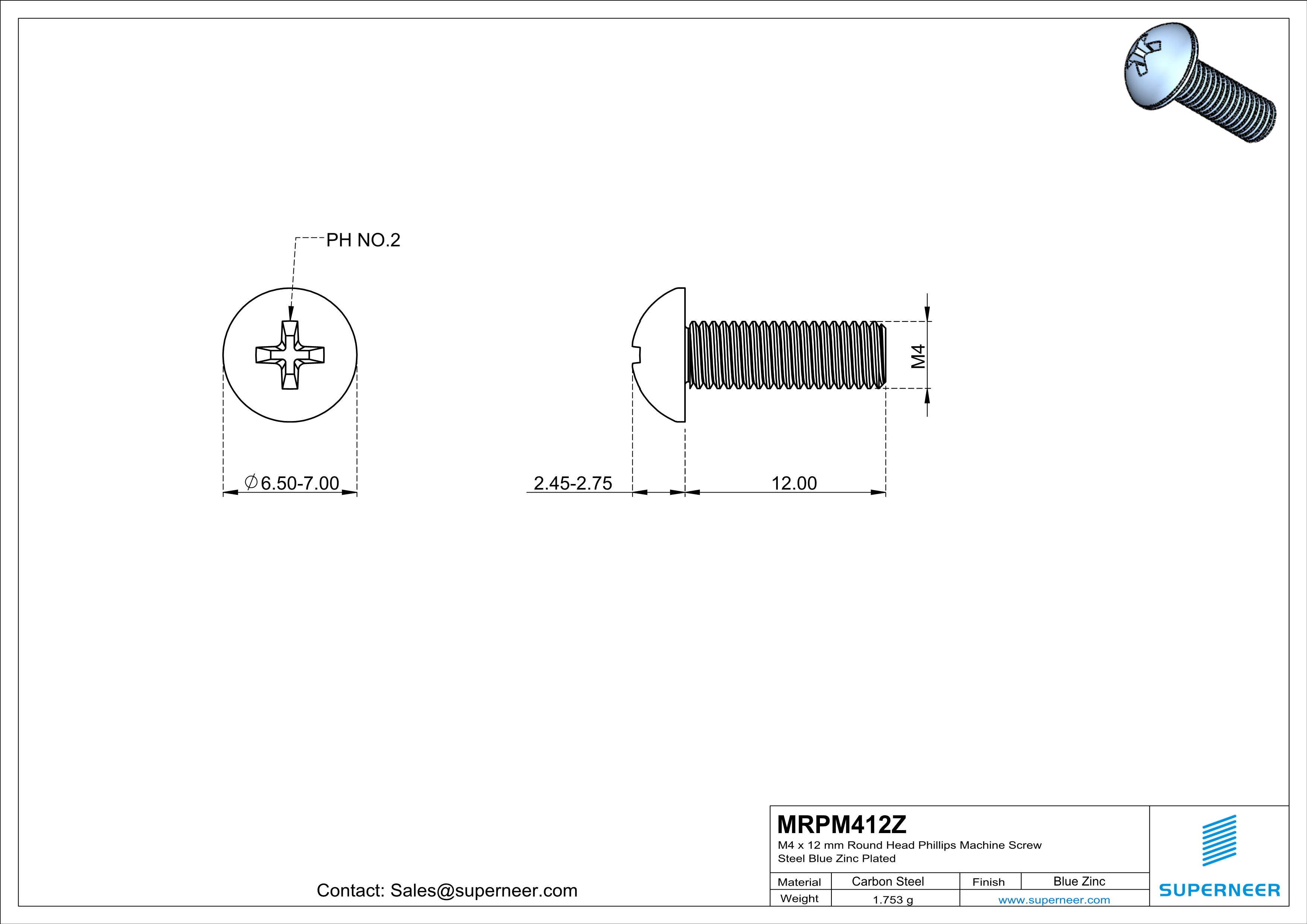 M4 x 12 mm Round Head Phillips Machine Screw Steel Blue Zinc Plated