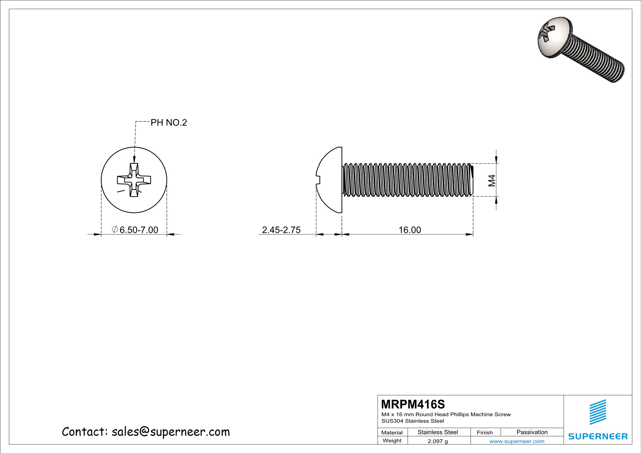 M4 x 16 mm Round Head Phillips Machine Screw SUS304 Stainless Steel Inox