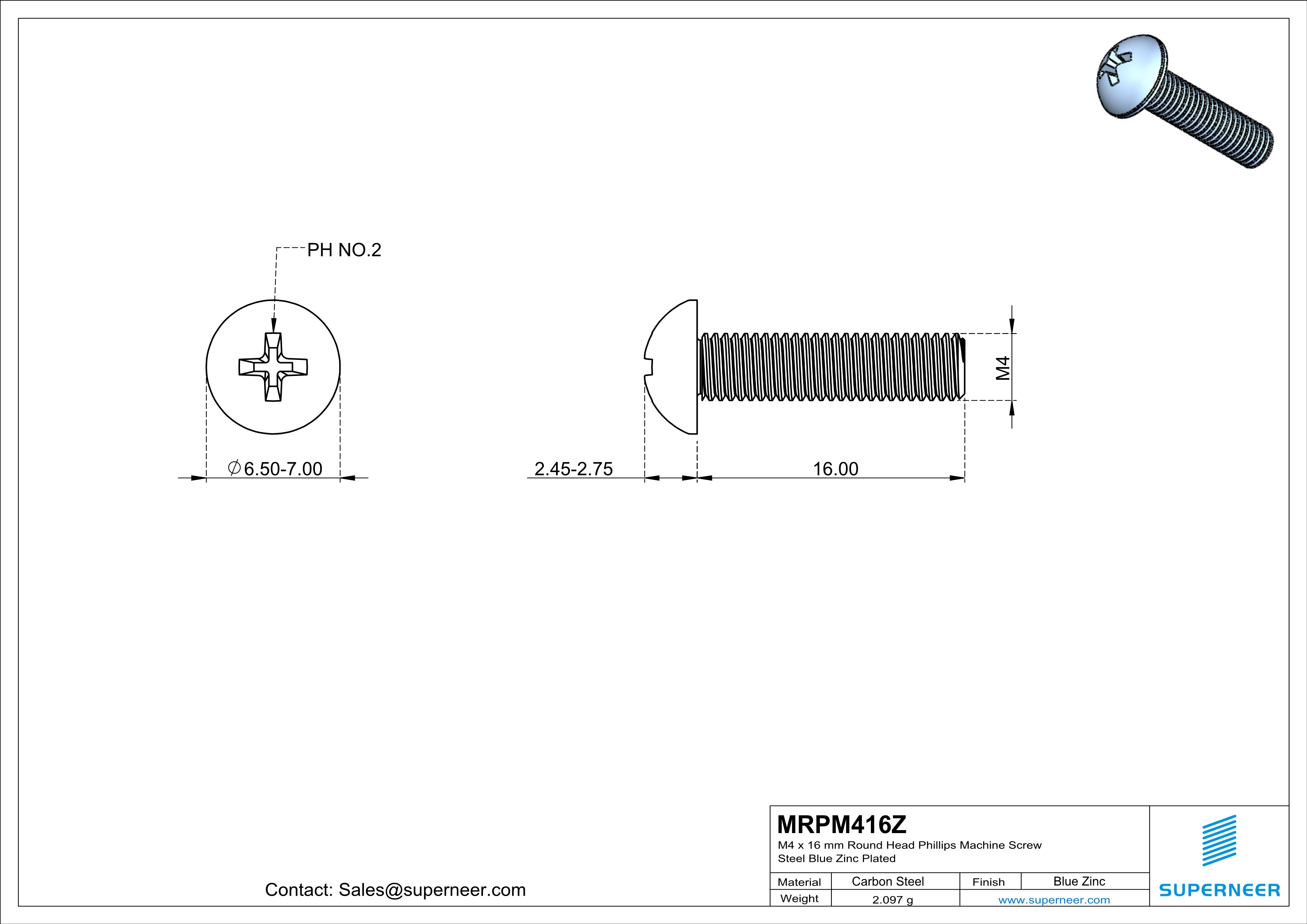 M4 x 16 mm Round Head Phillips Machine Screw Steel Blue Zinc Plated