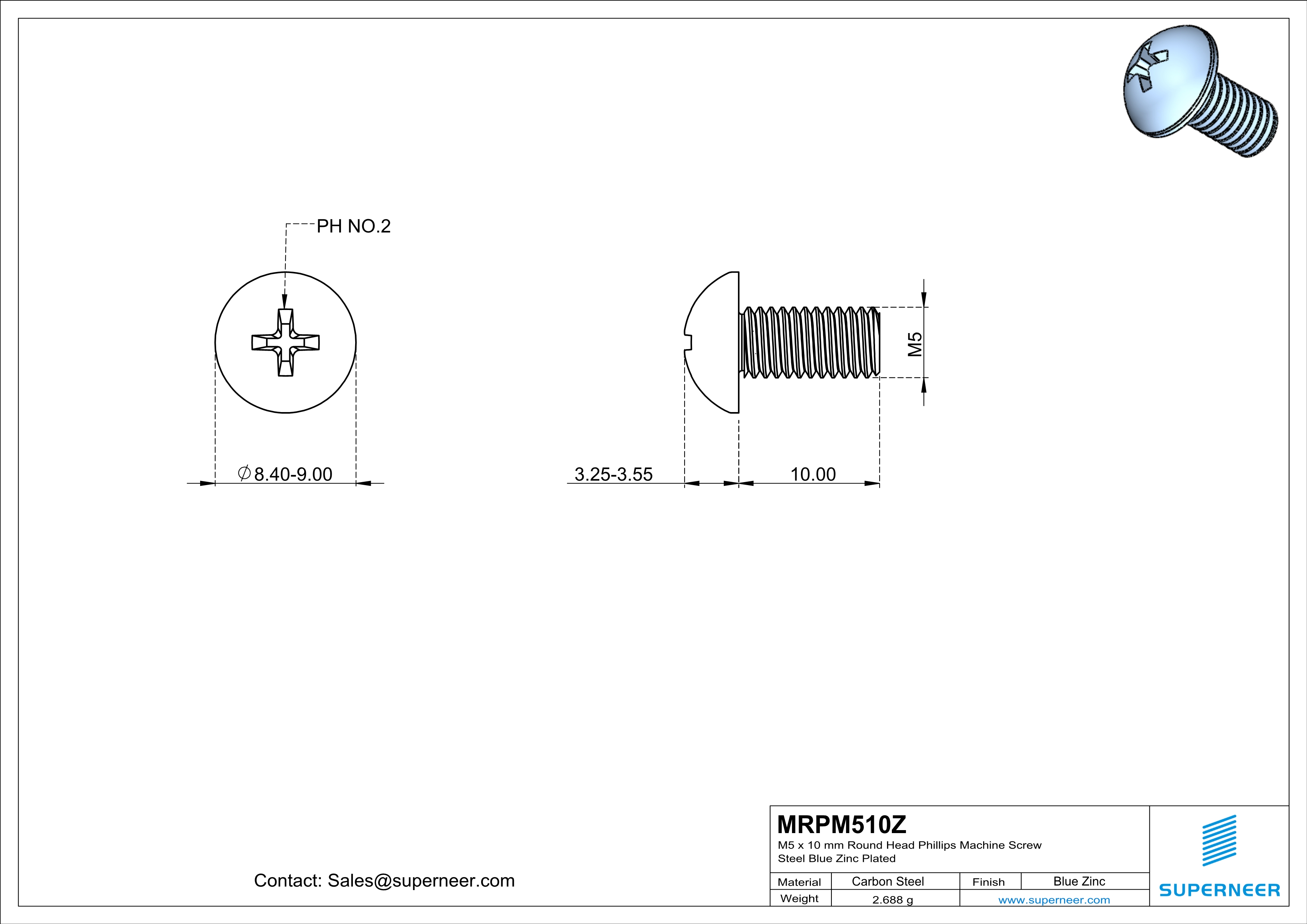 M5 x 10 mm Round Head Phillips Machine Screw Steel Blue Zinc Plated