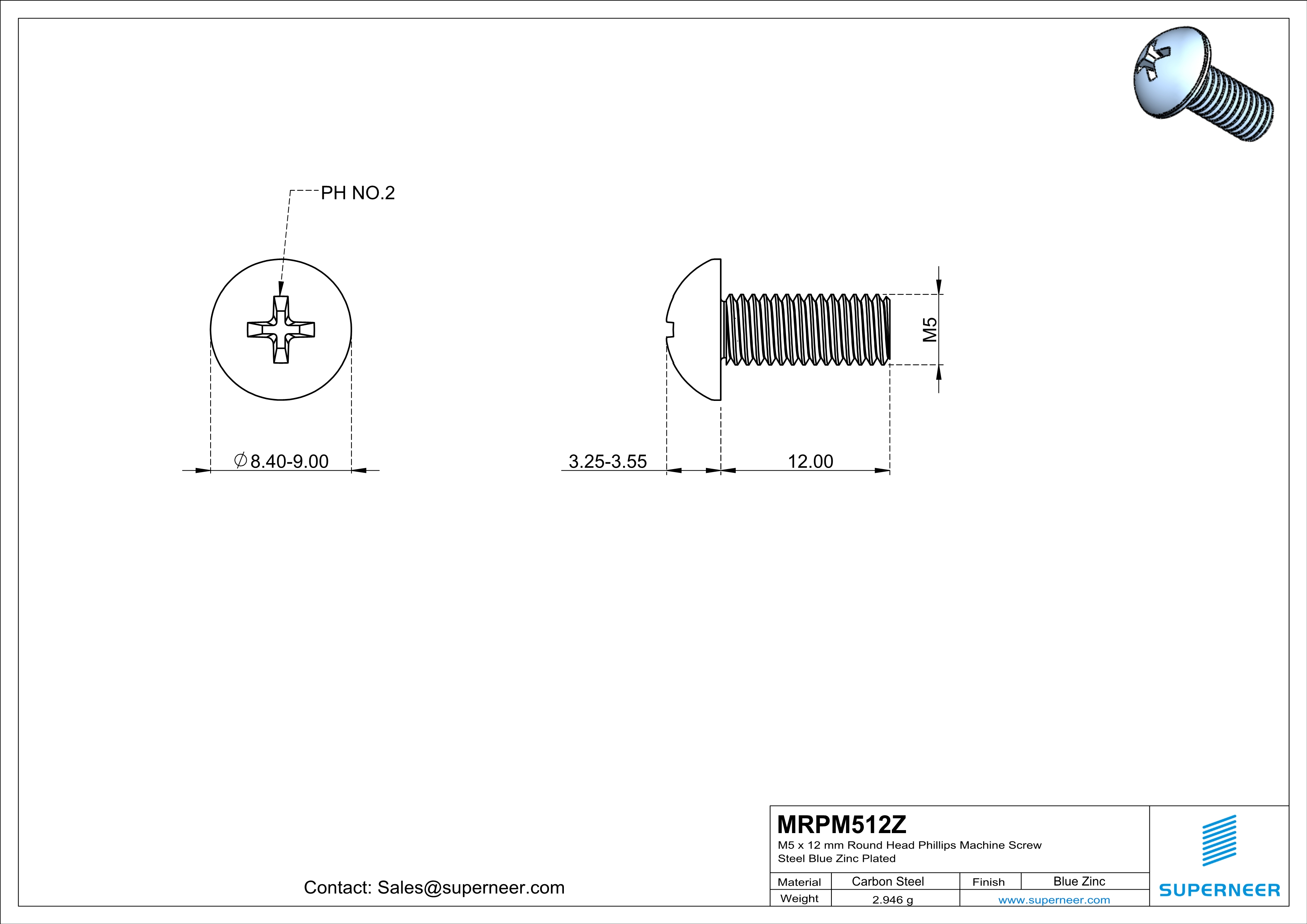 M5 x 12 mm Round Head Phillips Machine Screw Steel Blue Zinc Plated