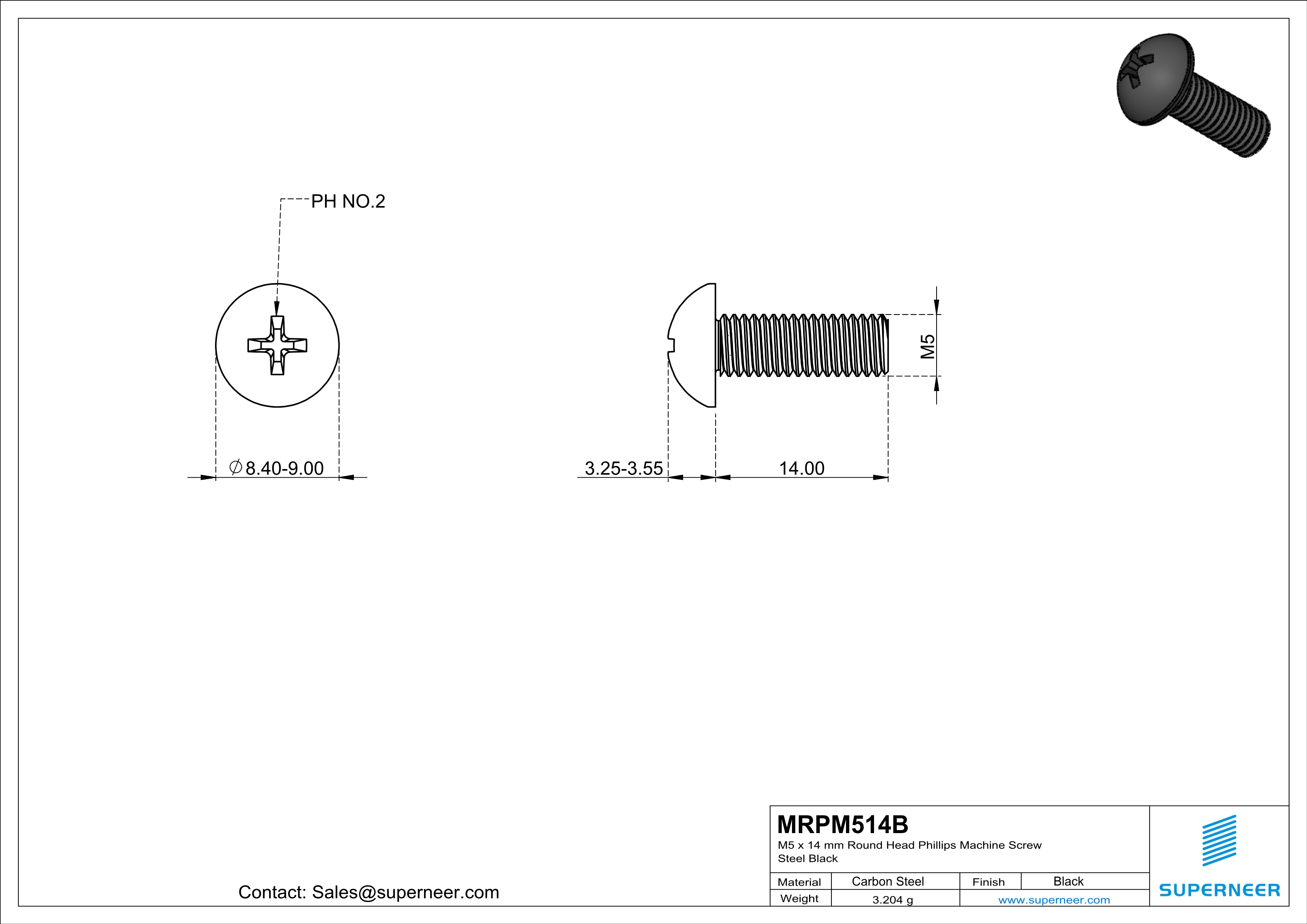 M5 x 14 mm Round Head Phillips Machine Screw Steel Black