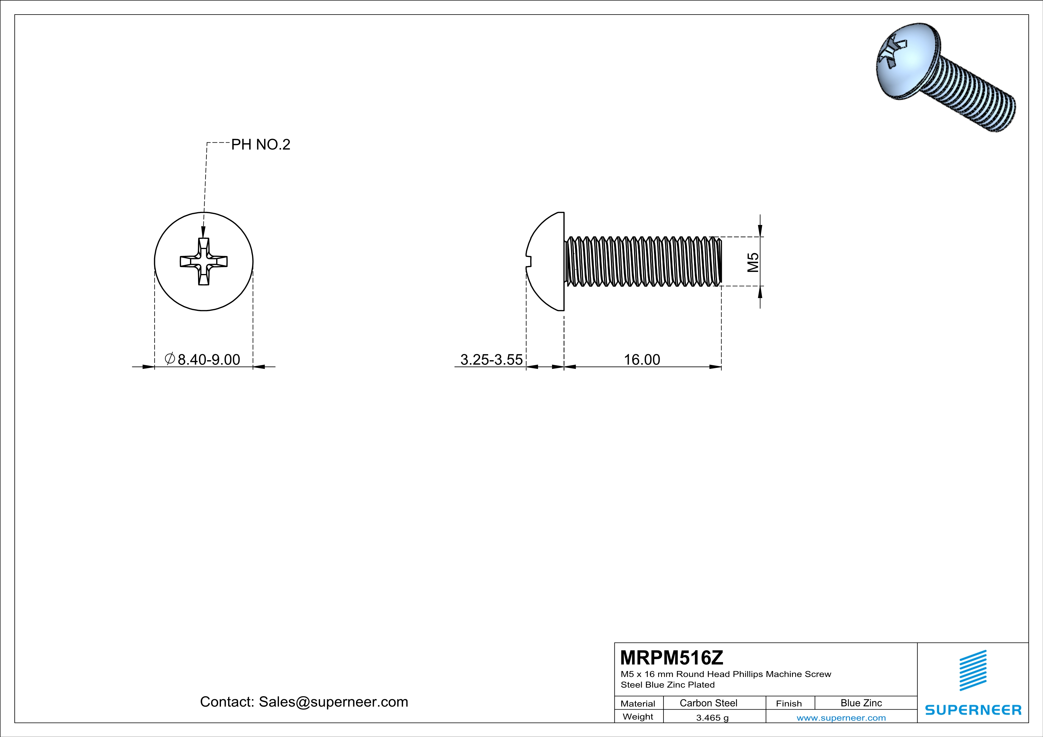 M5 x 16 mm Round Head Phillips Machine Screw Steel Blue Zinc Plated