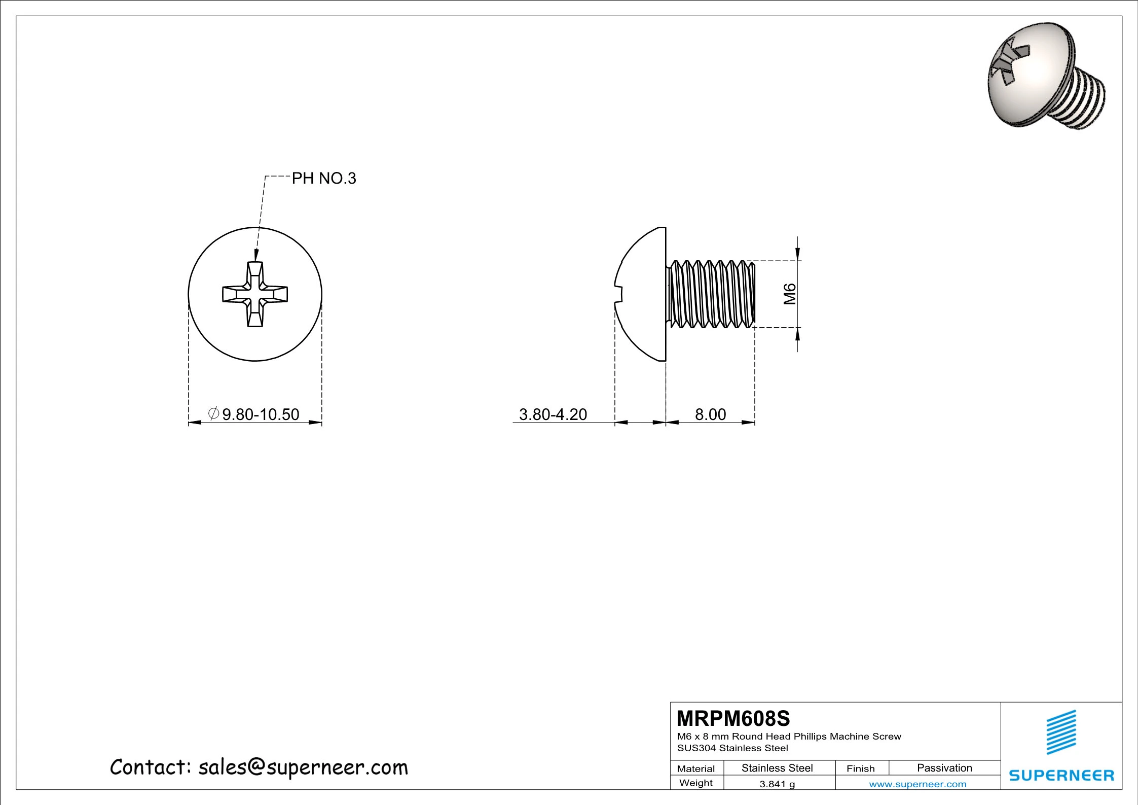 M6 x 8 mm Round Head Phillips Machine Screw SUS304 Stainless Steel Inox