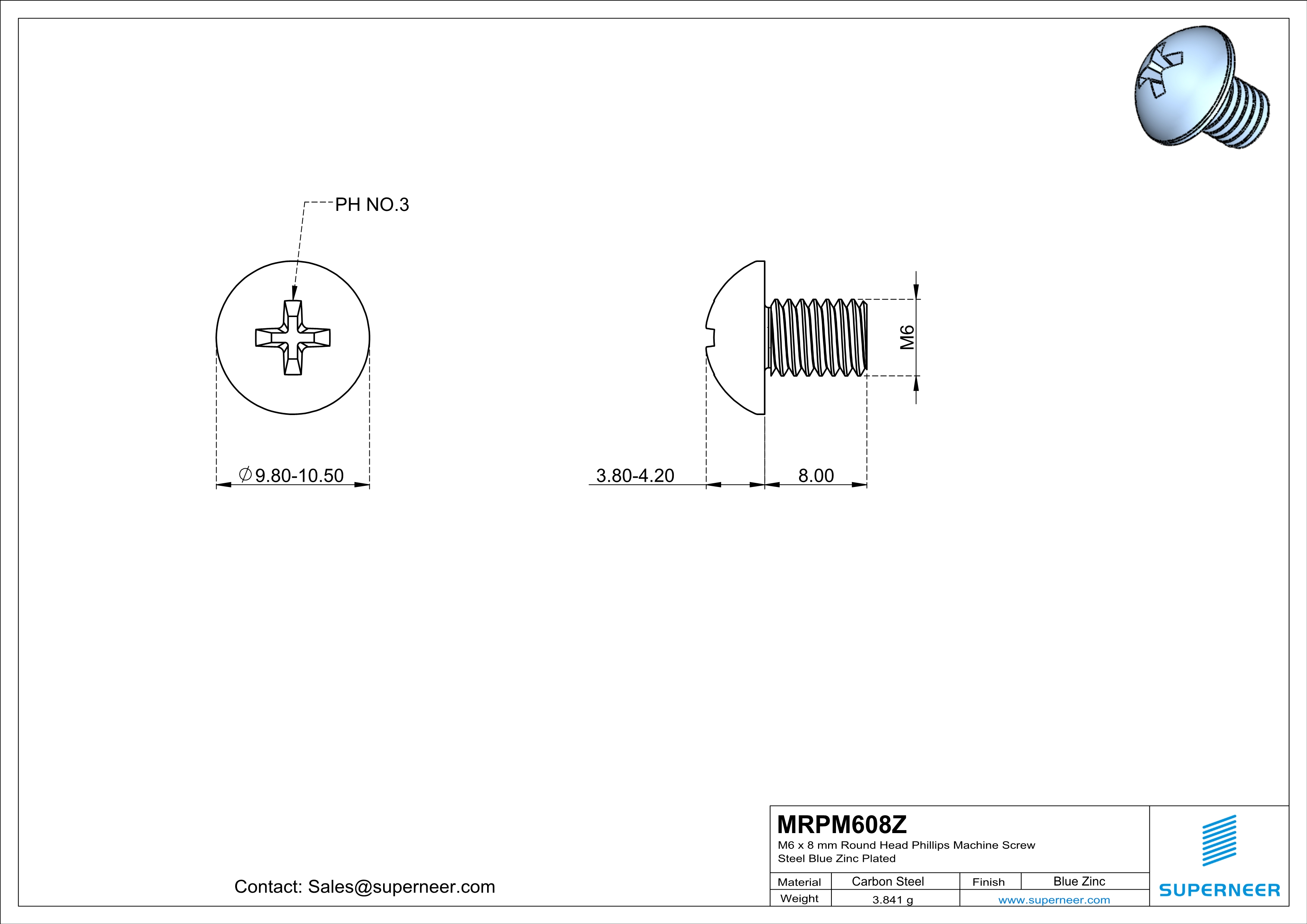 M6 x 8 mm Round Head Phillips Machine Screw Steel Blue Zinc Plated