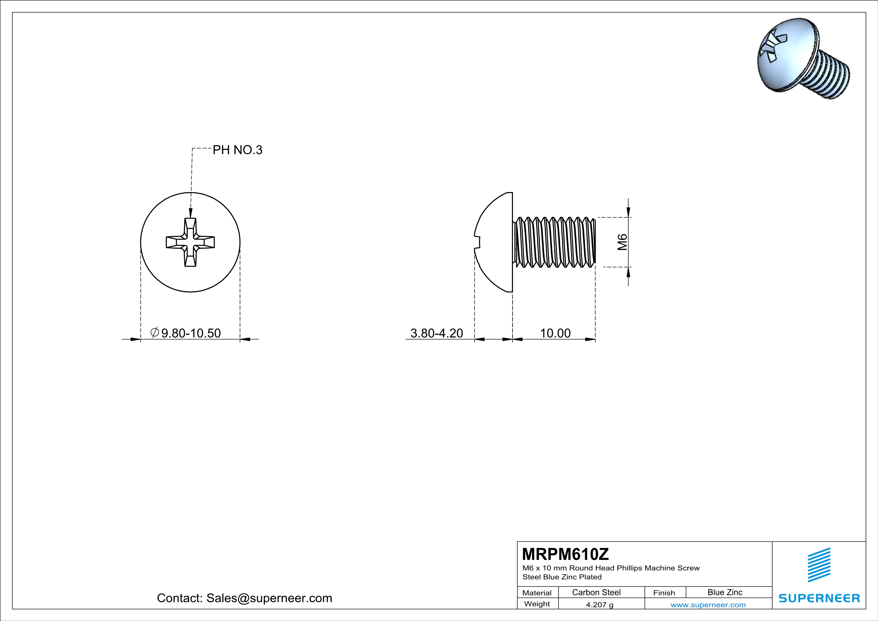 M6 x 10 mm Round Head Phillips Machine Screw Steel Blue Zinc Plated