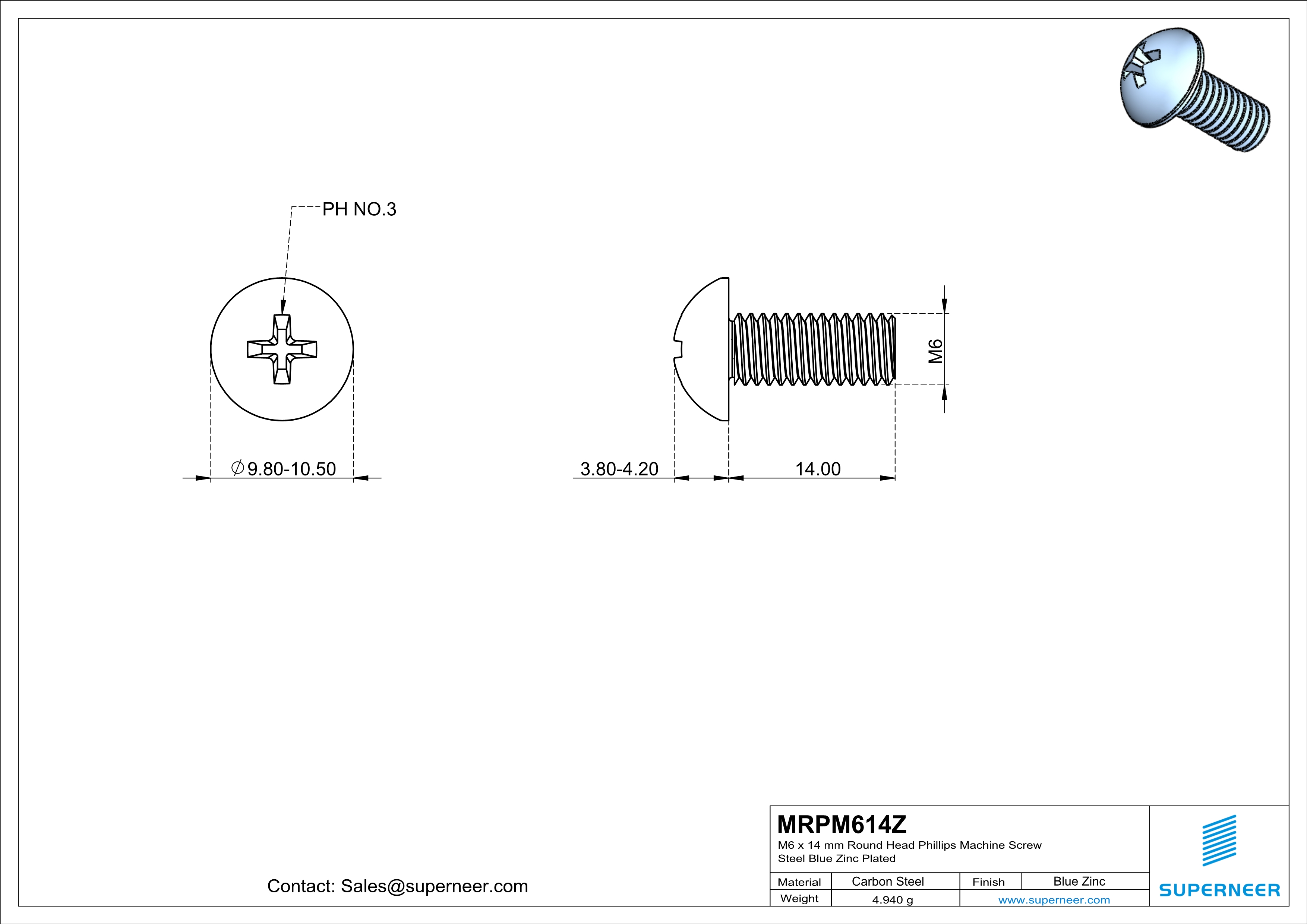 M6 x 14 mm Round Head Phillips Machine Screw Steel Blue Zinc Plated