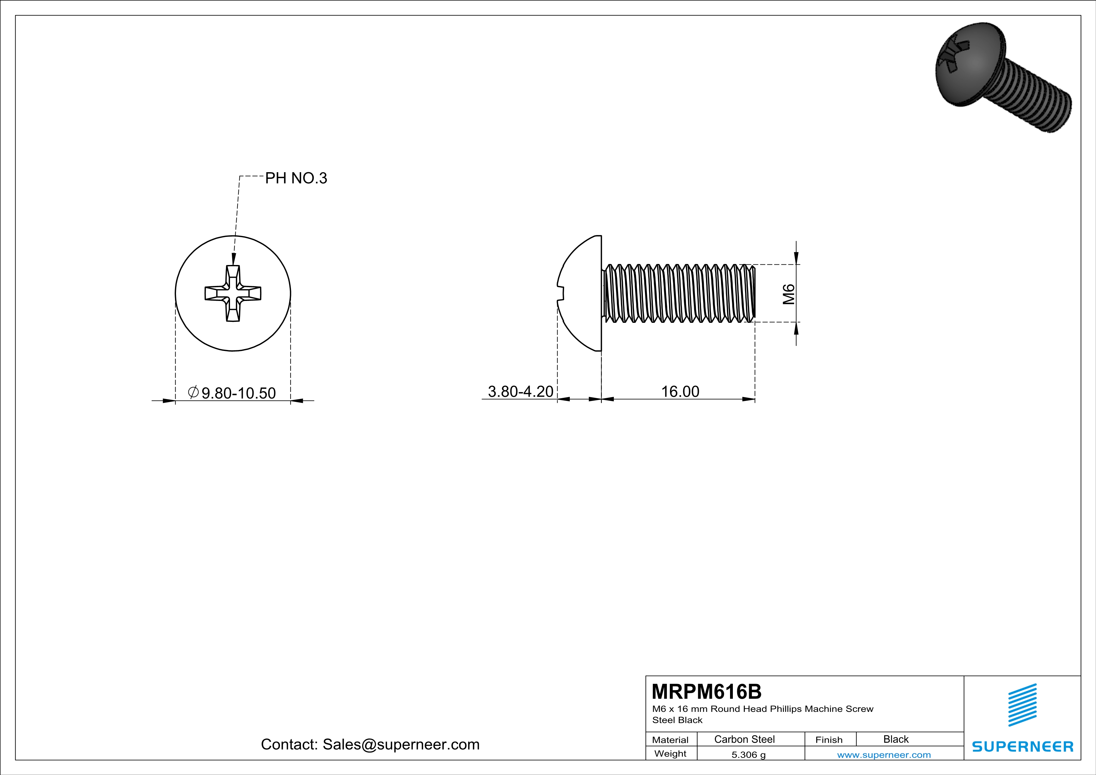 M6 x 16 mm Round Head Phillips Machine Screw Steel Black