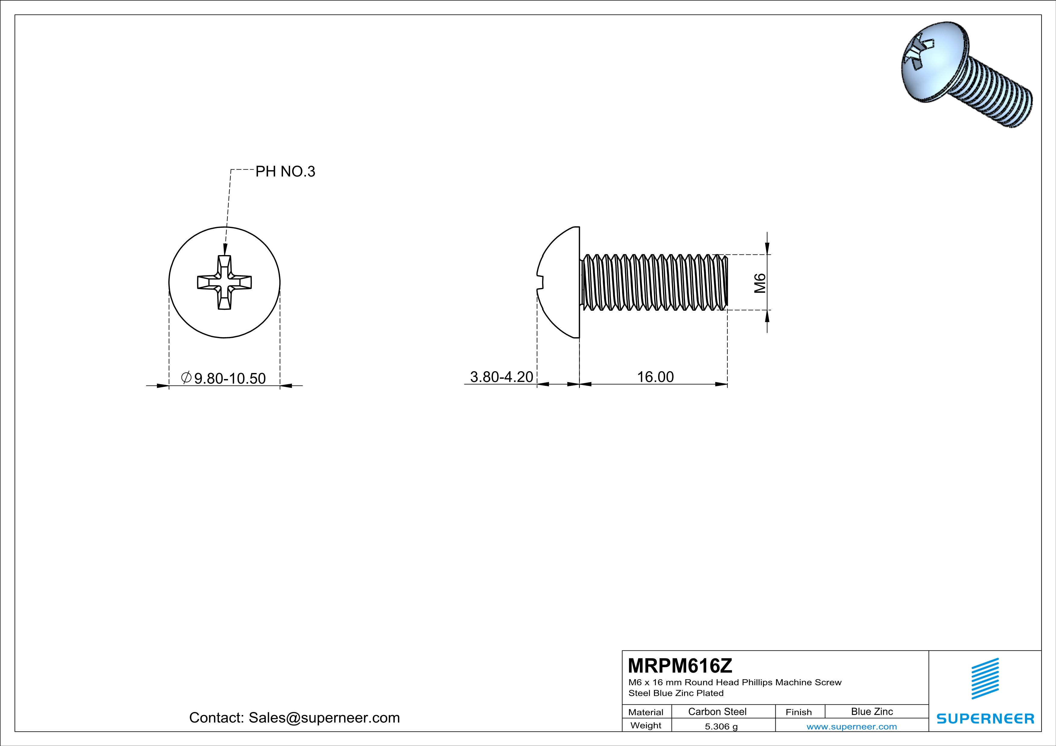 M6 x 16 mm Round Head Phillips Machine Screw Steel Blue Zinc Plated