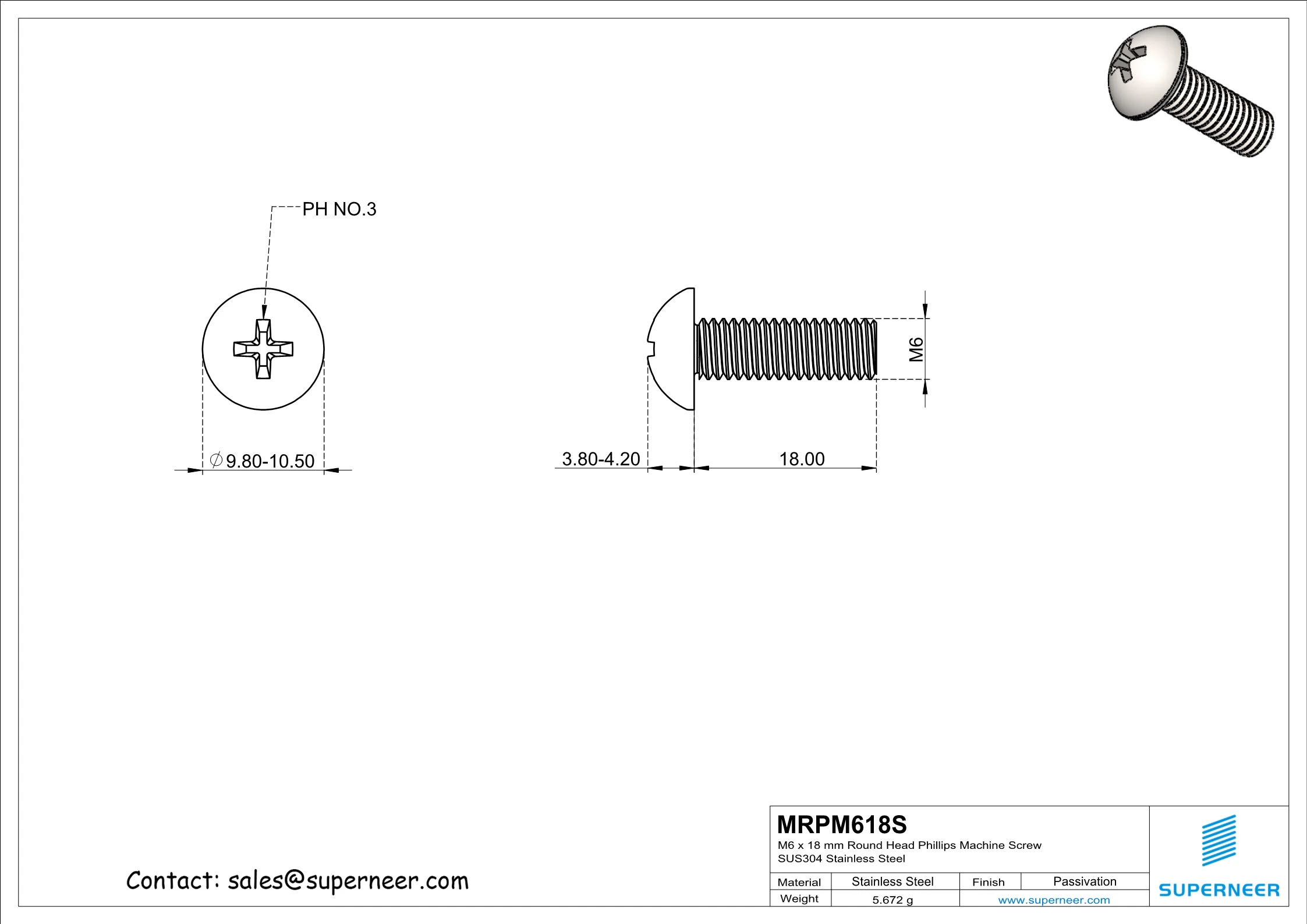 M6 x 18 mm Round Head Phillips Machine Screw SUS304 Stainless Steel Inox