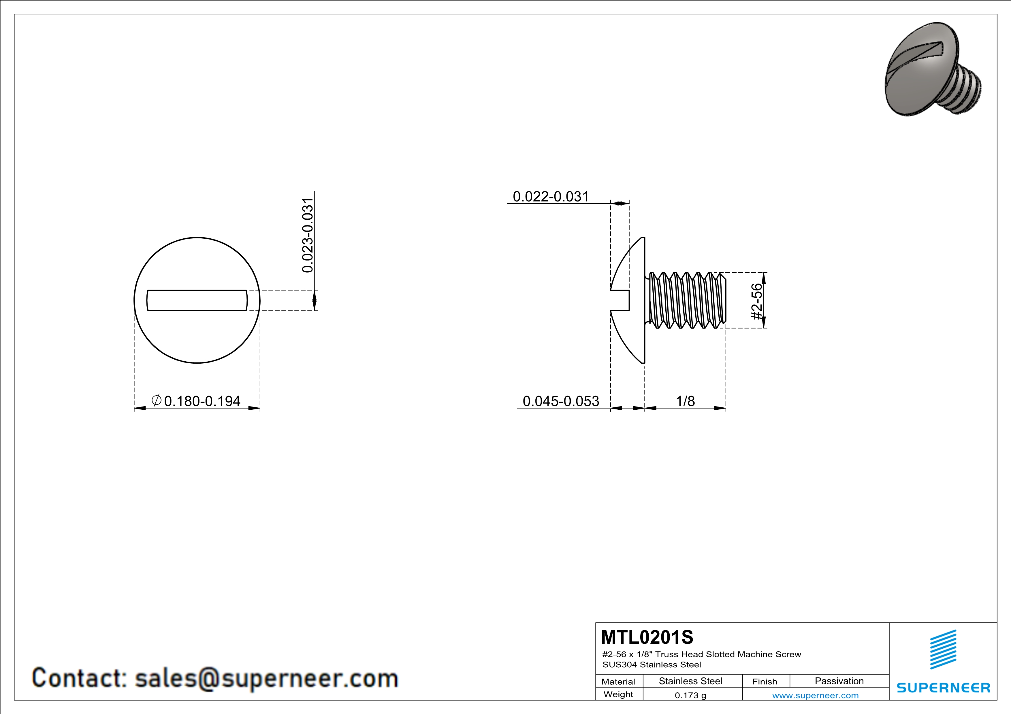 2-56 x 1/8" Truss Head Slotted Machine Screw SUS304 Stainless Steel Inox