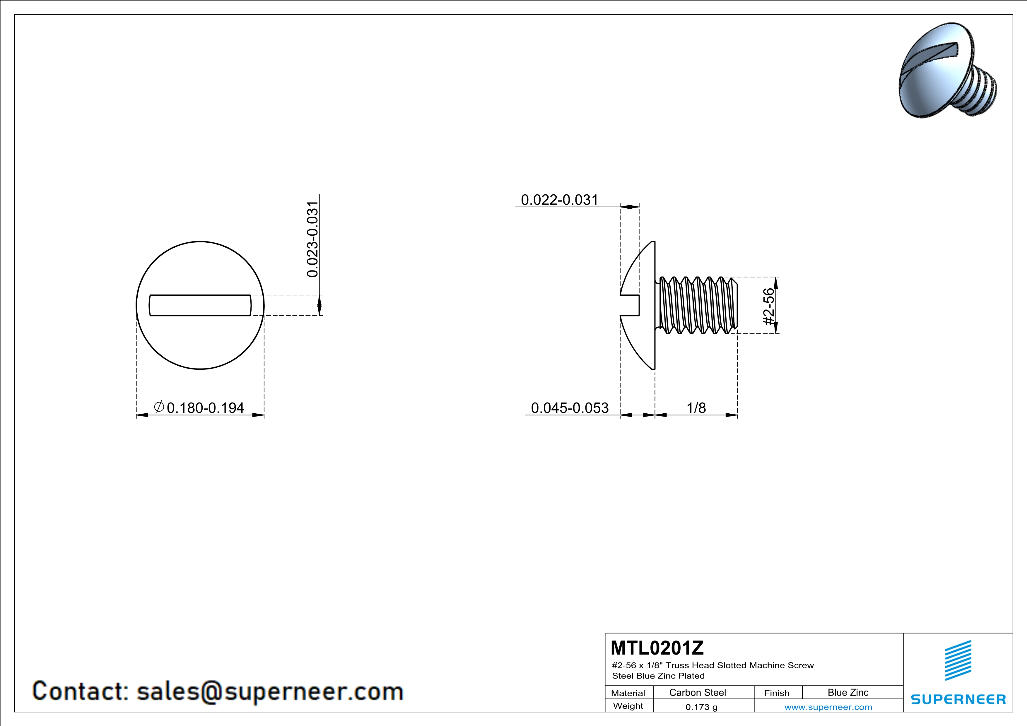 2-56 x 1/8" Truss Head Slotted Machine Screw Steel Blue Zinc Plated